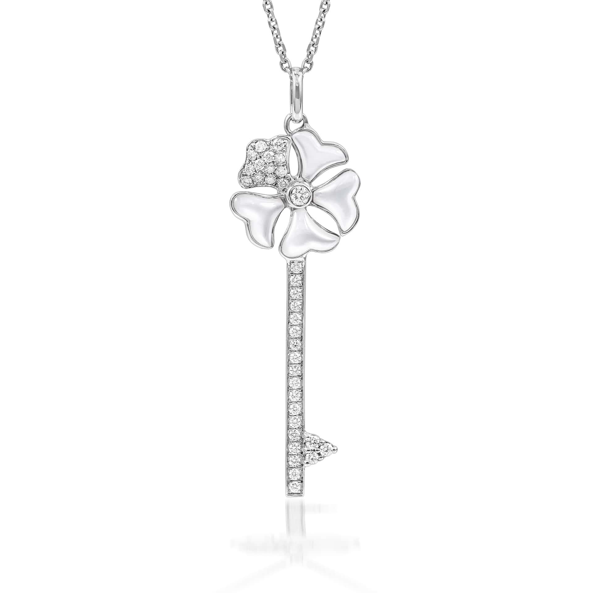 Bloom Diamond and Mother-of-Pearl Key Necklace in 18K White Gold

Inspired by the exquisite petals of the alpine cinquefoil flower, the Bloom collection combines the richness of diamonds and precious metals with the light versatility of this