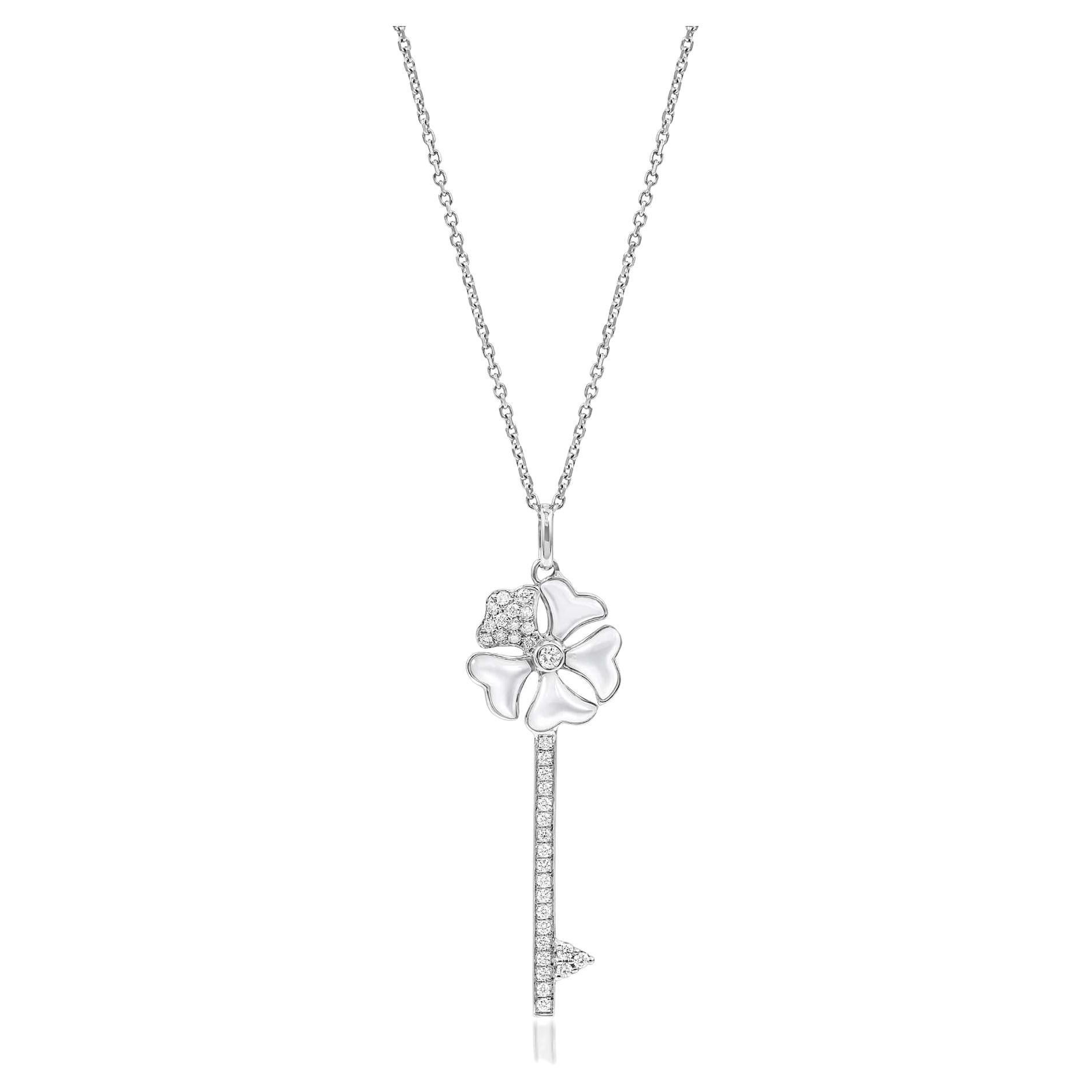 Bloom Diamond and Mother of Pearl Key Necklace in 18k White Gold For Sale