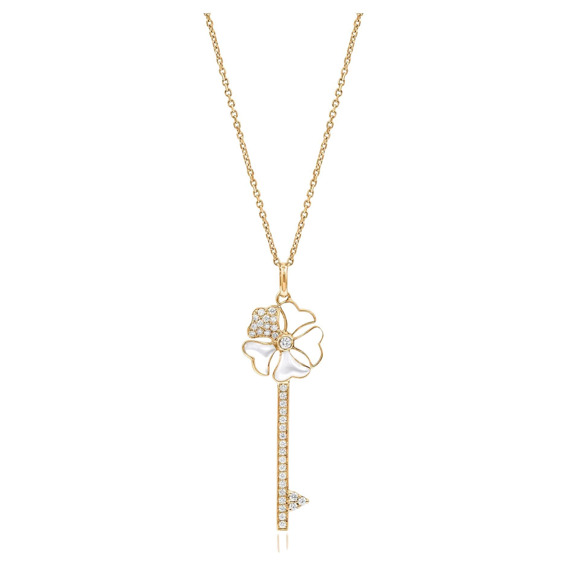 Bloom Diamond and Mother of Pearl Key Necklace in 18k Yellow Gold For Sale