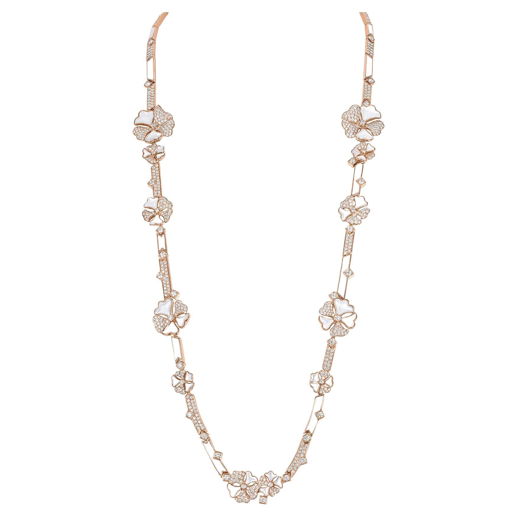 Bloom Diamond and Mother of Pearl Long Flower Chain Necklace in 18k Rose Gold For Sale