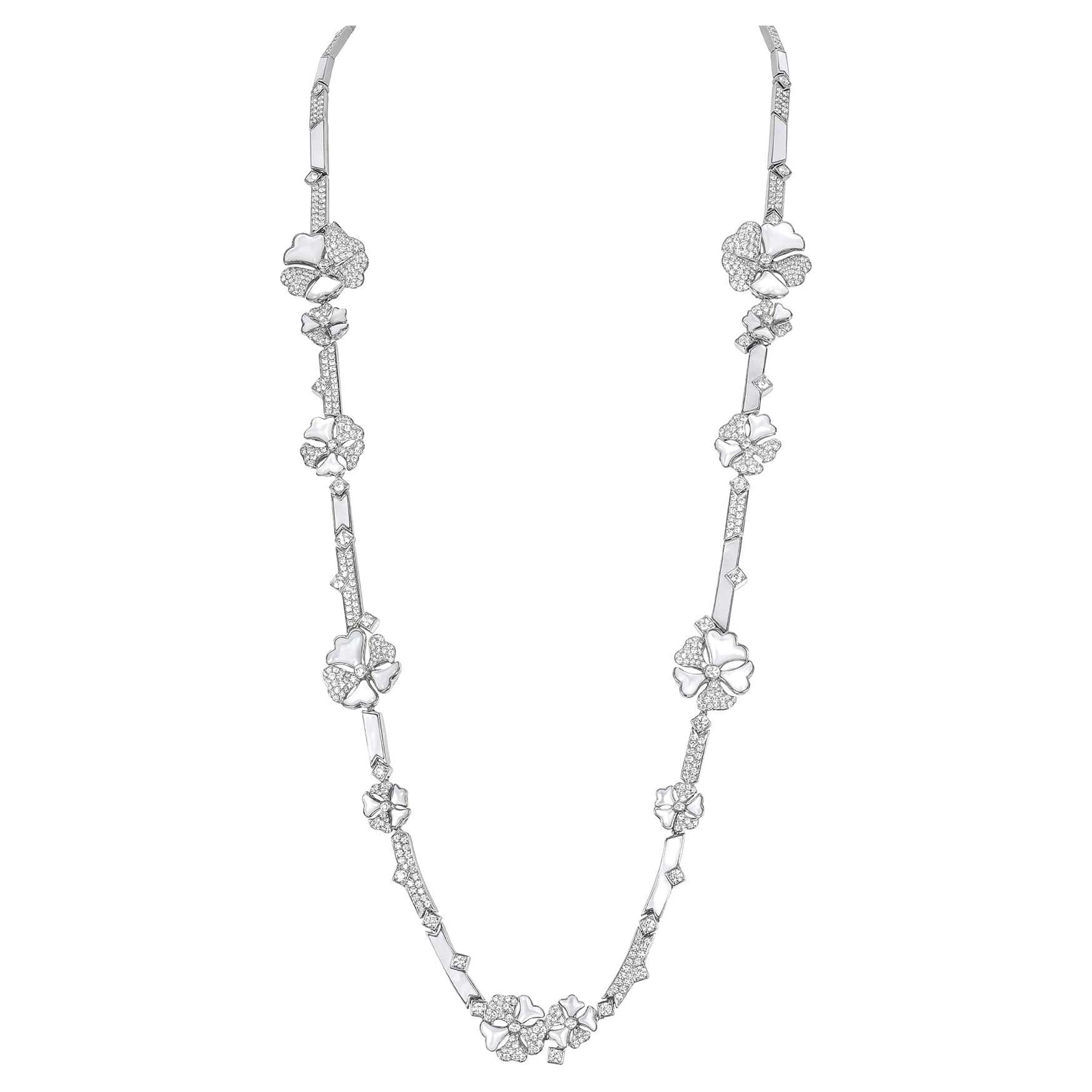 Bloom Diamond and Mother-of-pearl Long Flower Chain Necklace in 18k White Gold For Sale