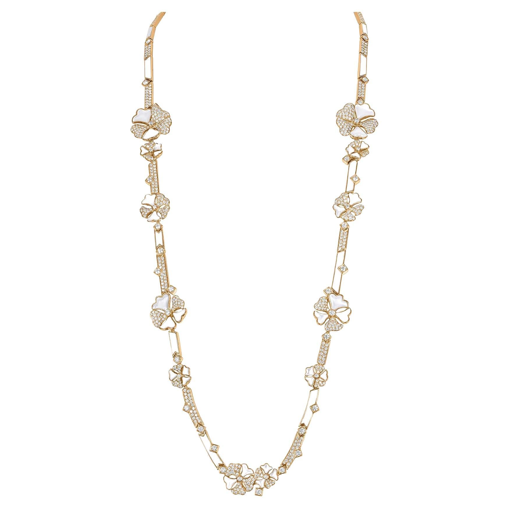Bloom Diamond and Mother-of-pearl Long Flower Chain Necklace in 18k Yellow Gold For Sale