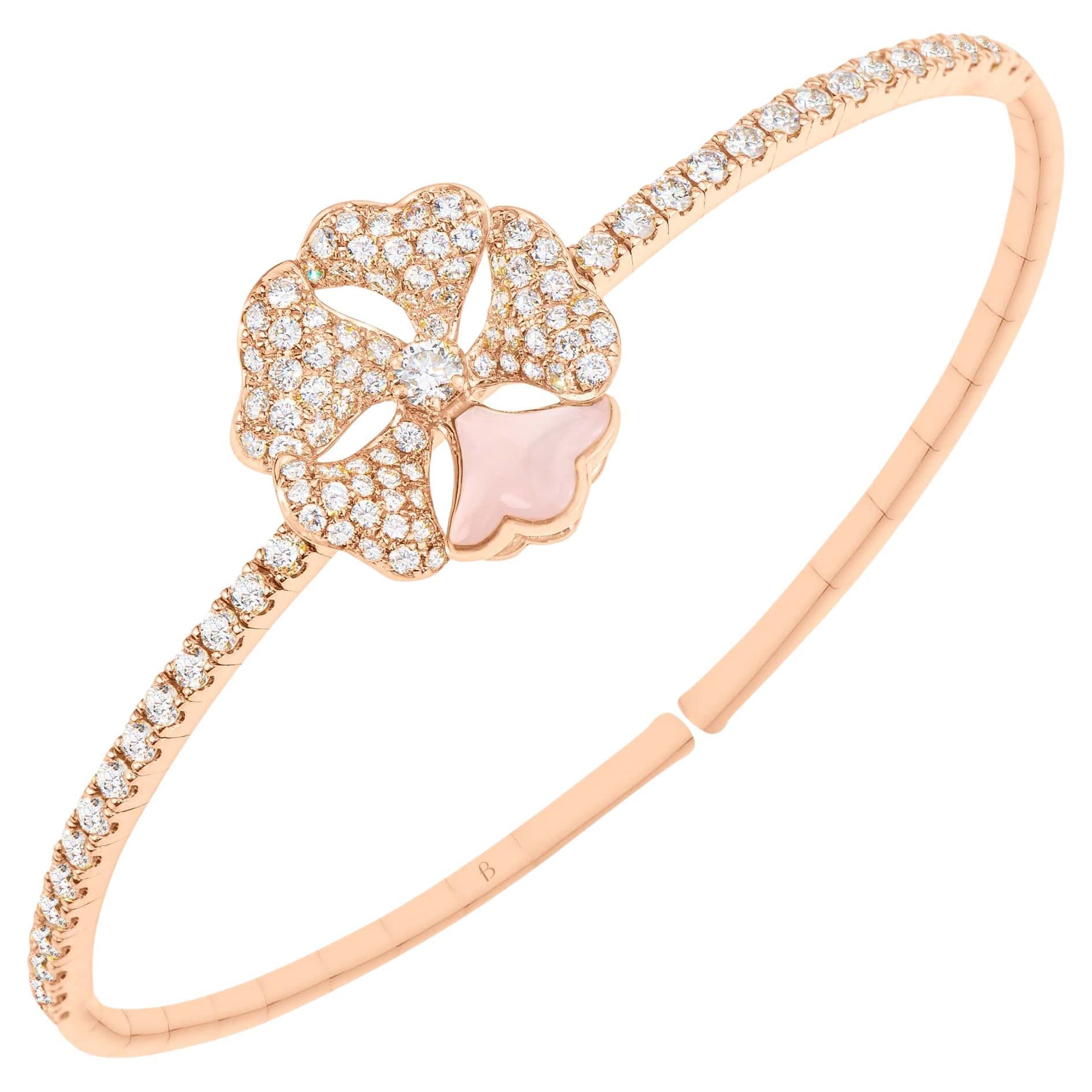 Bloom Diamond and Pink Mother of Pearl Solo Flower Bangle in 18k Rose Gold For Sale