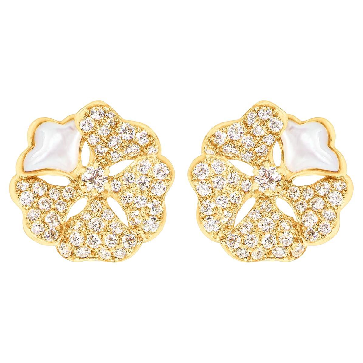 Bloom Diamond and White Mother of Pearl Bloom Earring Tops in 18k Yellow Gold For Sale