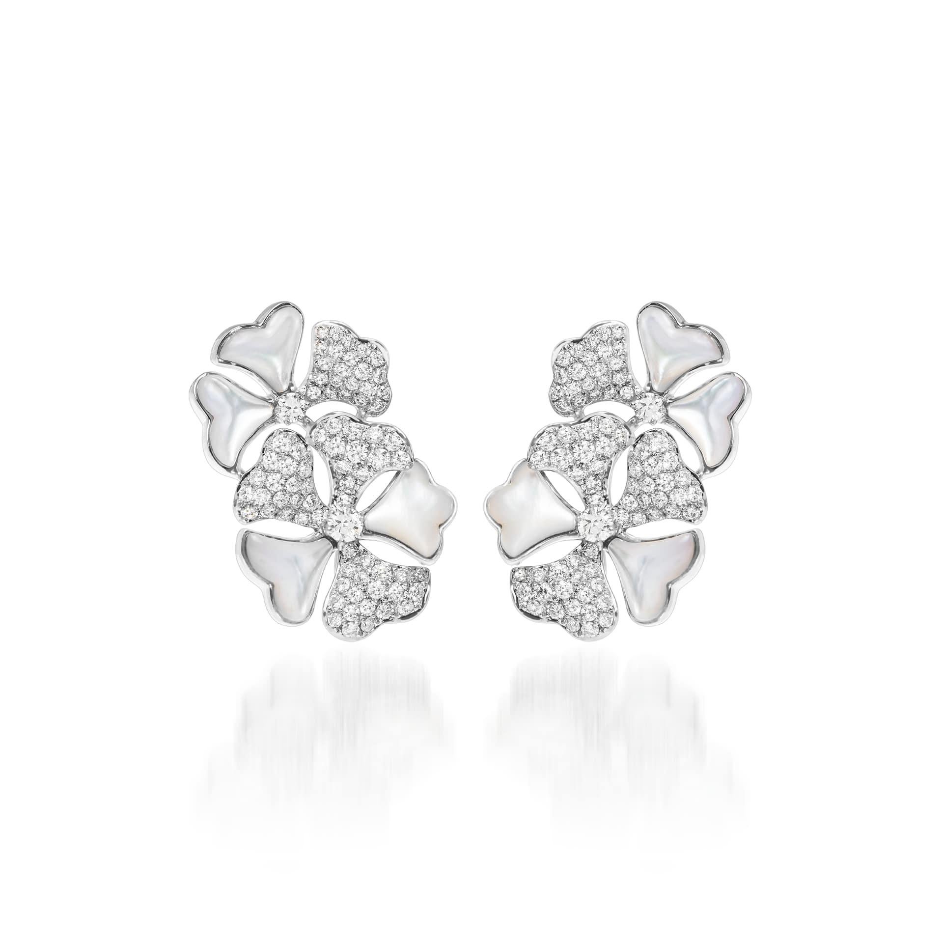 Women's or Men's Bloom Diamond and White Mother of Pearl Cluster Earrings in 18k Rose Gold For Sale