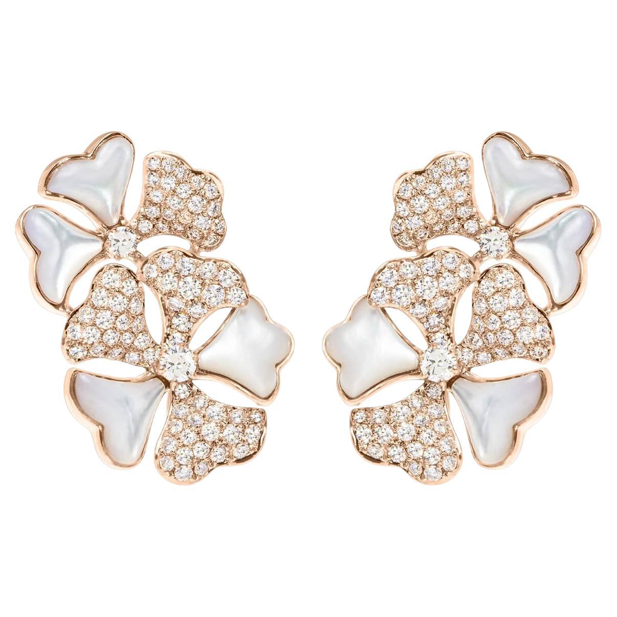 Bloom Diamond and White Mother of Pearl Cluster Earrings in 18k Rose Gold For Sale