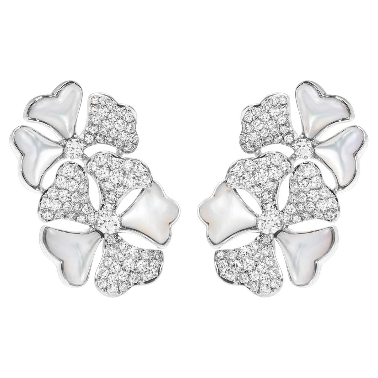 Bloom Diamond and White Mother-of-pearl Cluster Earrings in 18k White Gold For Sale
