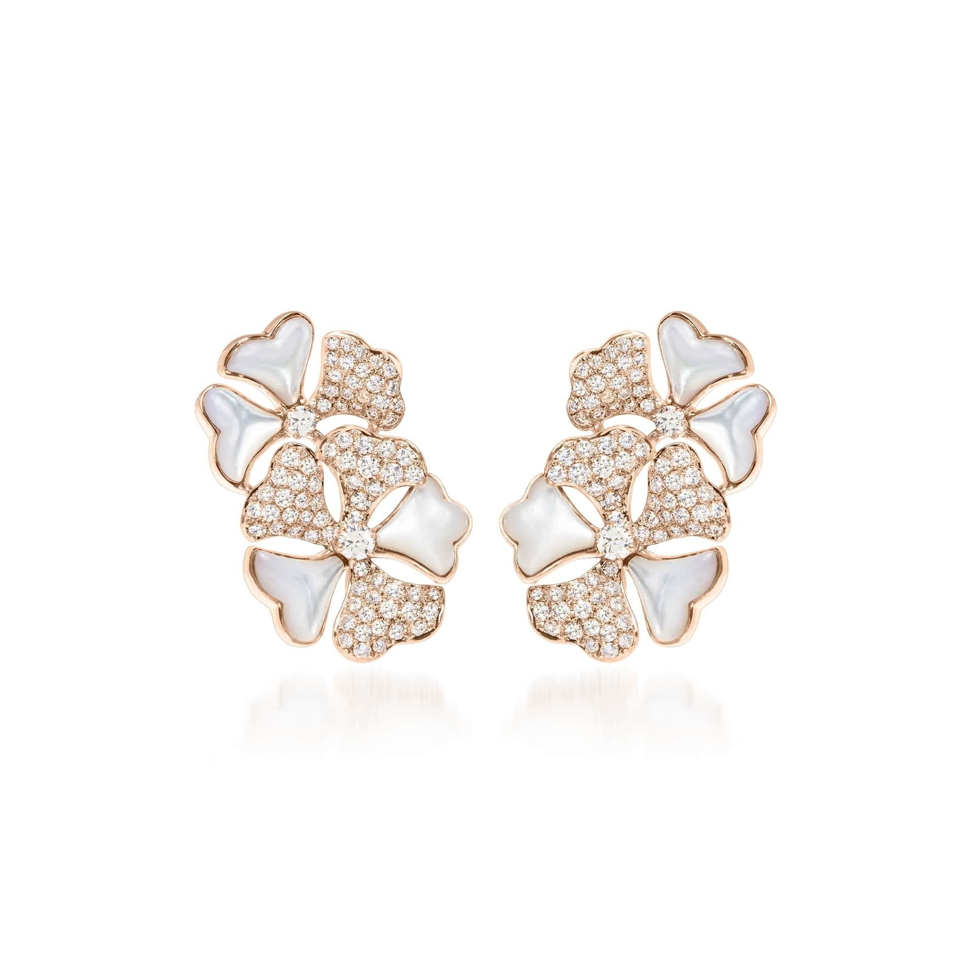 Women's or Men's Bloom Diamond and White Mother-of-pearl Cluster Earrings in 18k Yellow Gold For Sale