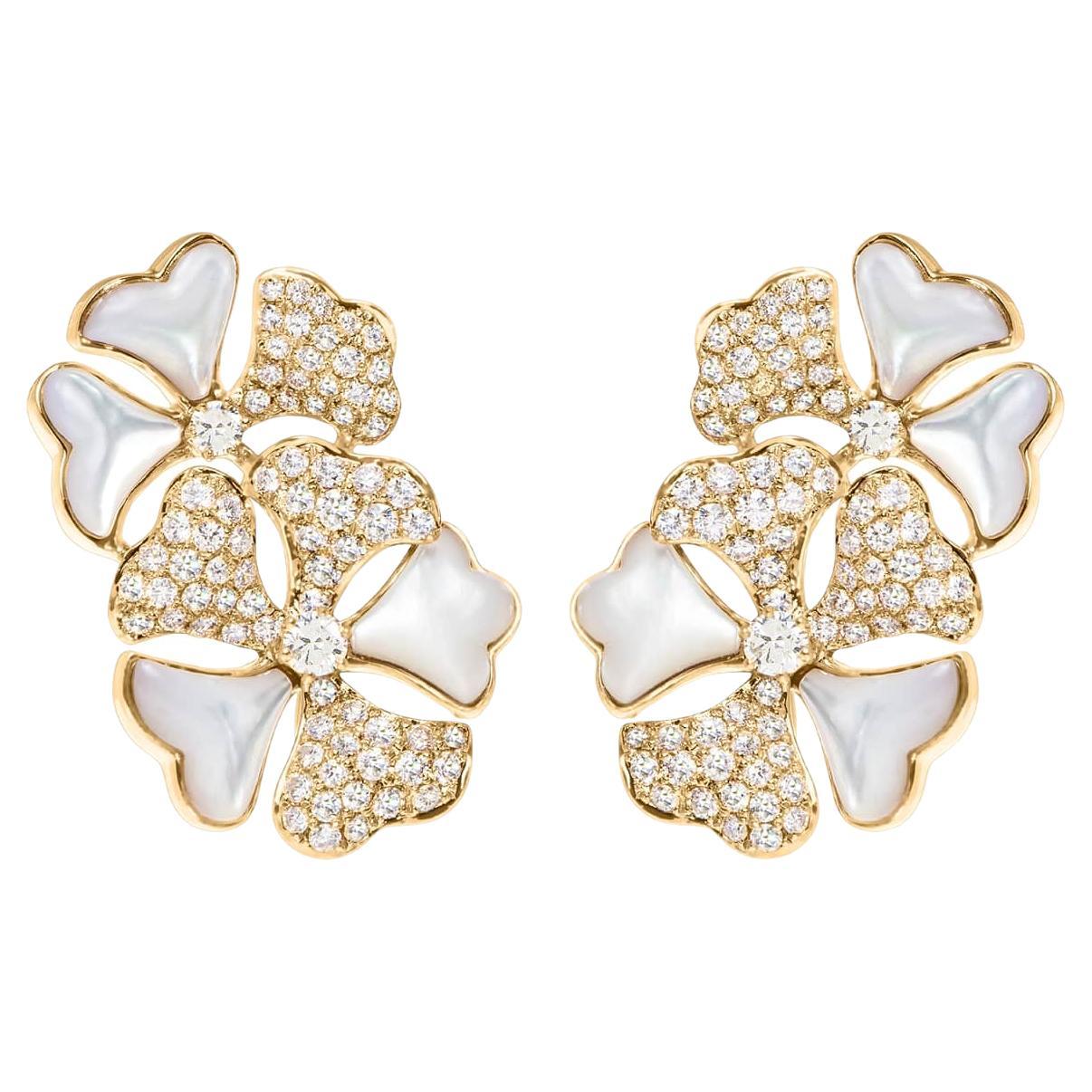 Bloom Diamond and White Mother-of-pearl Cluster Earrings in 18k Yellow Gold For Sale