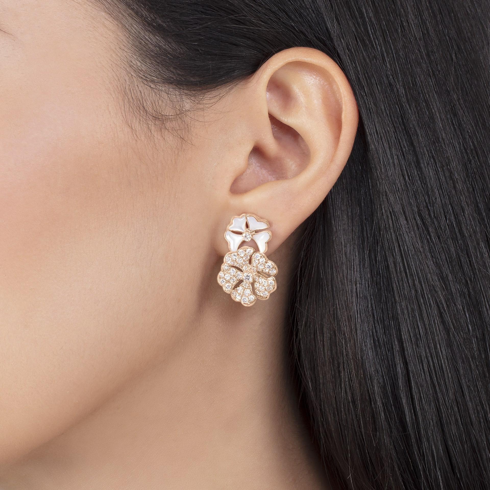 Round Cut Bloom Diamond and White Mother of Pearl Double Bloom Earrings in 18k Rose Gold For Sale