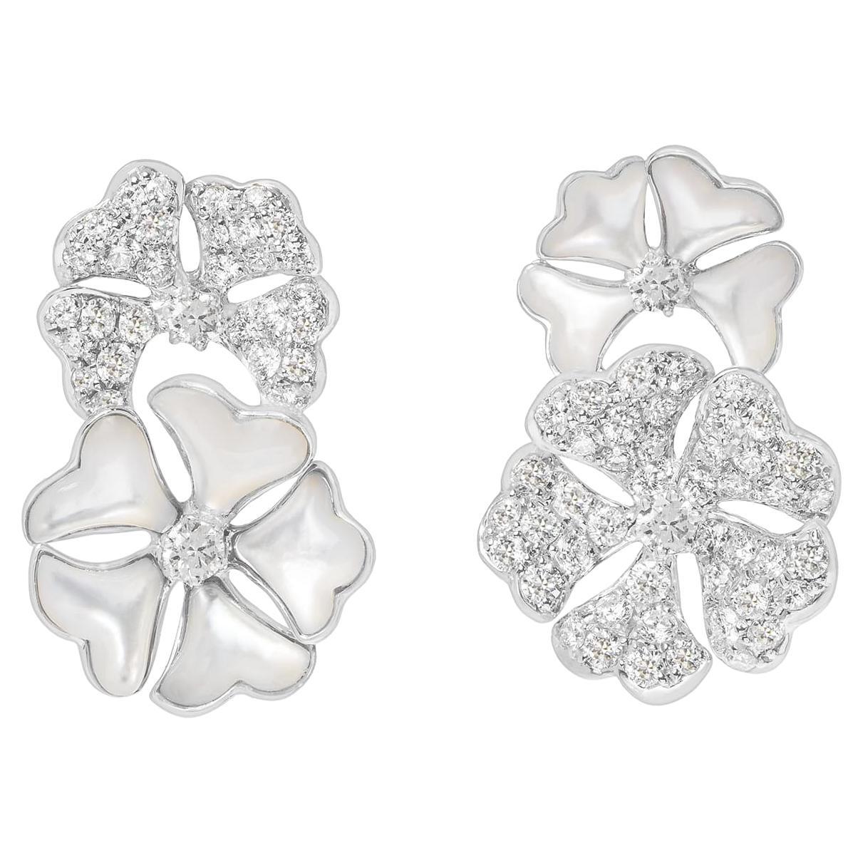 Bloom Diamond and White Mother-of-Pearl Double Bloom Earrings in 18k White Gold For Sale