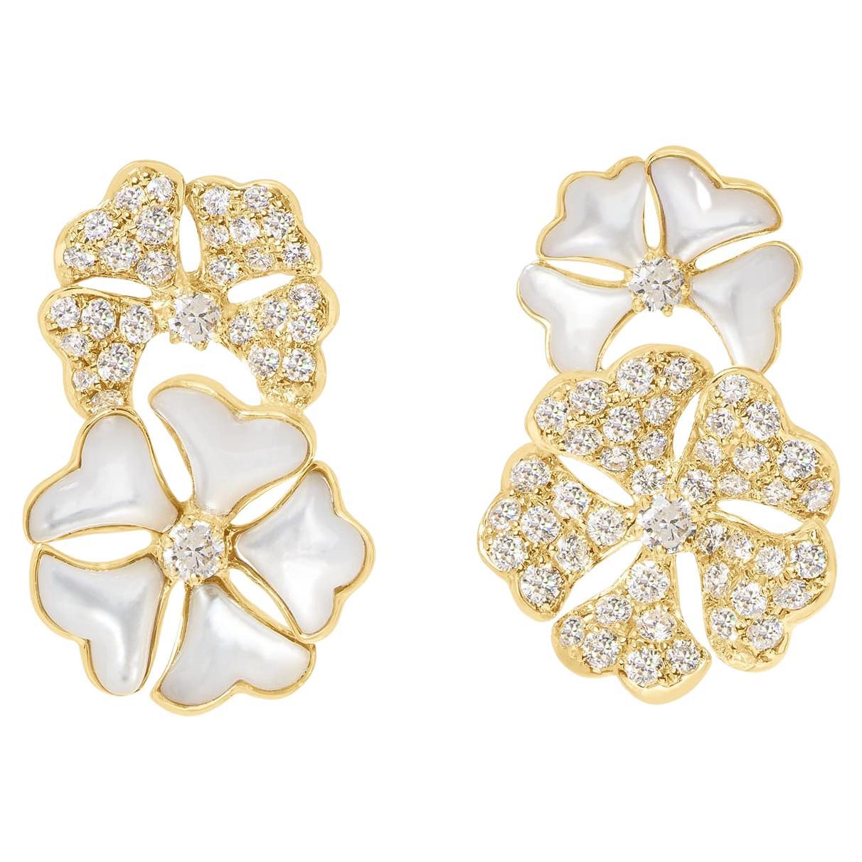 Bloom Diamond and White Mother-of-pearl Double Bloom Earrings in 18k Yellow Gold For Sale