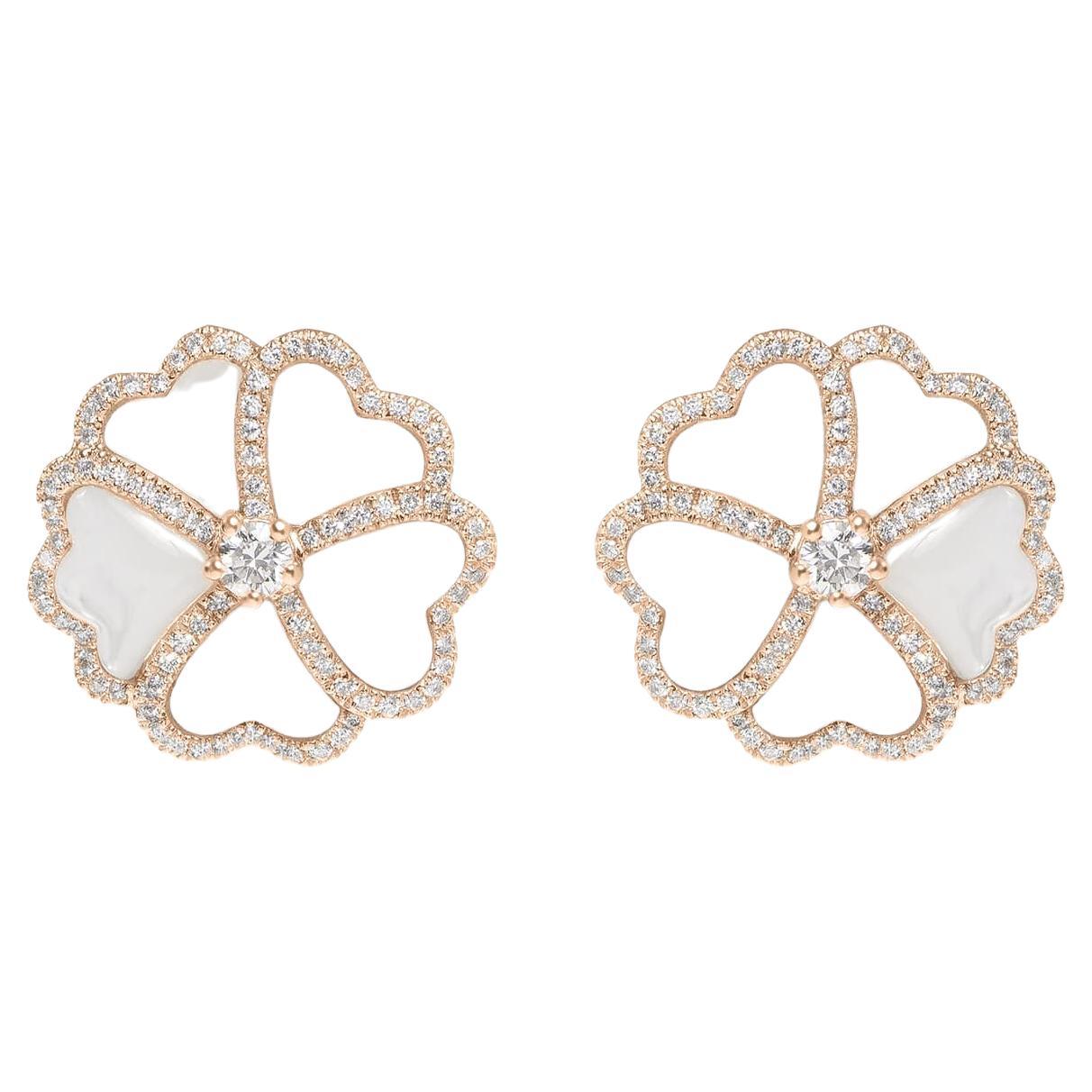 Bloom Diamond and White Mother-of-Pearl Flower Stud Earrings in 18k Rose Gold For Sale