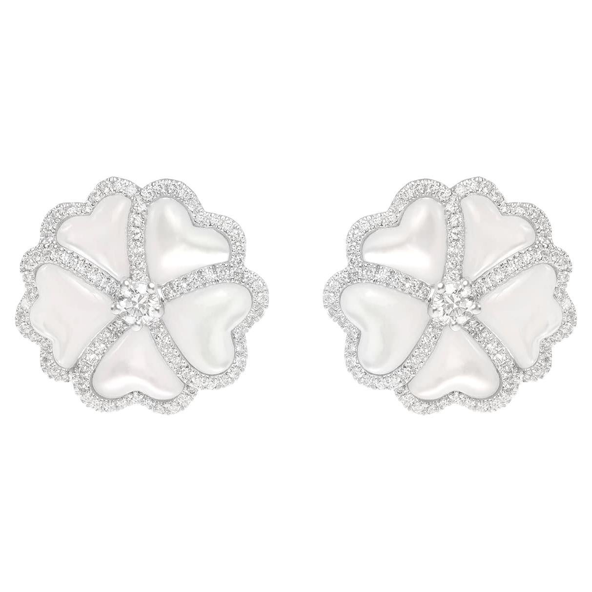 Bloom Diamond and White Mother-of-pearl Flower Stud Earrings in 18k White Gold For Sale