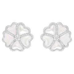 Bloom Diamond and White Mother-of-pearl Flower Stud Earrings in 18k White Gold