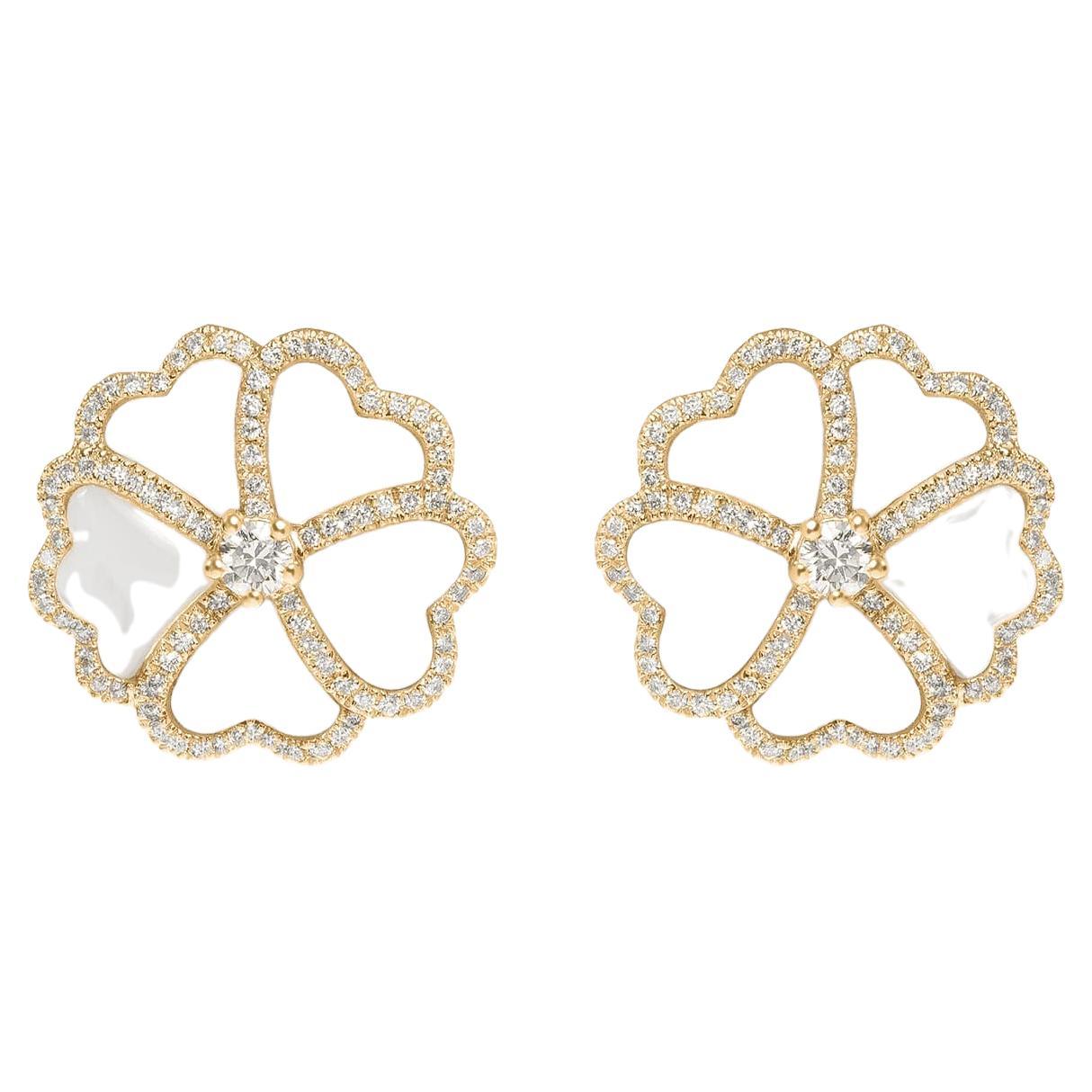 Bloom Diamond and White Mother-of-pearl Flower Stud Earrings in 18k Yellow Gold For Sale