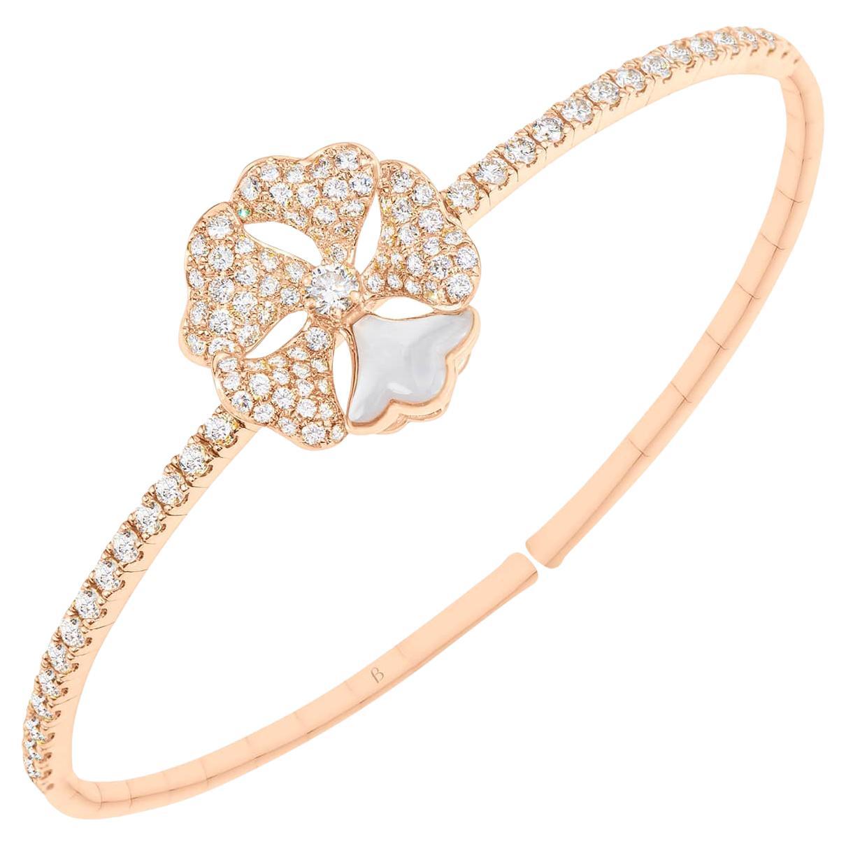 Bloom Diamond and White Mother of Pearl Solo Flower Bangle in 18k Rose Gold