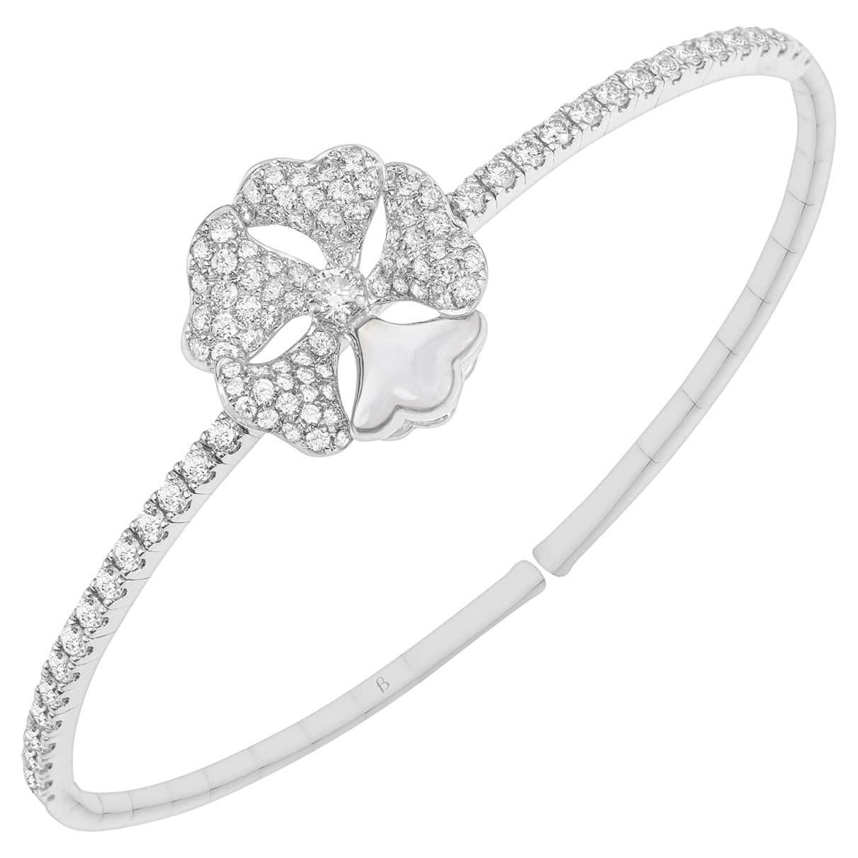 Bloom Diamond and White Mother-of-pearl Solo Flower Bangle in 18k White Gold For Sale