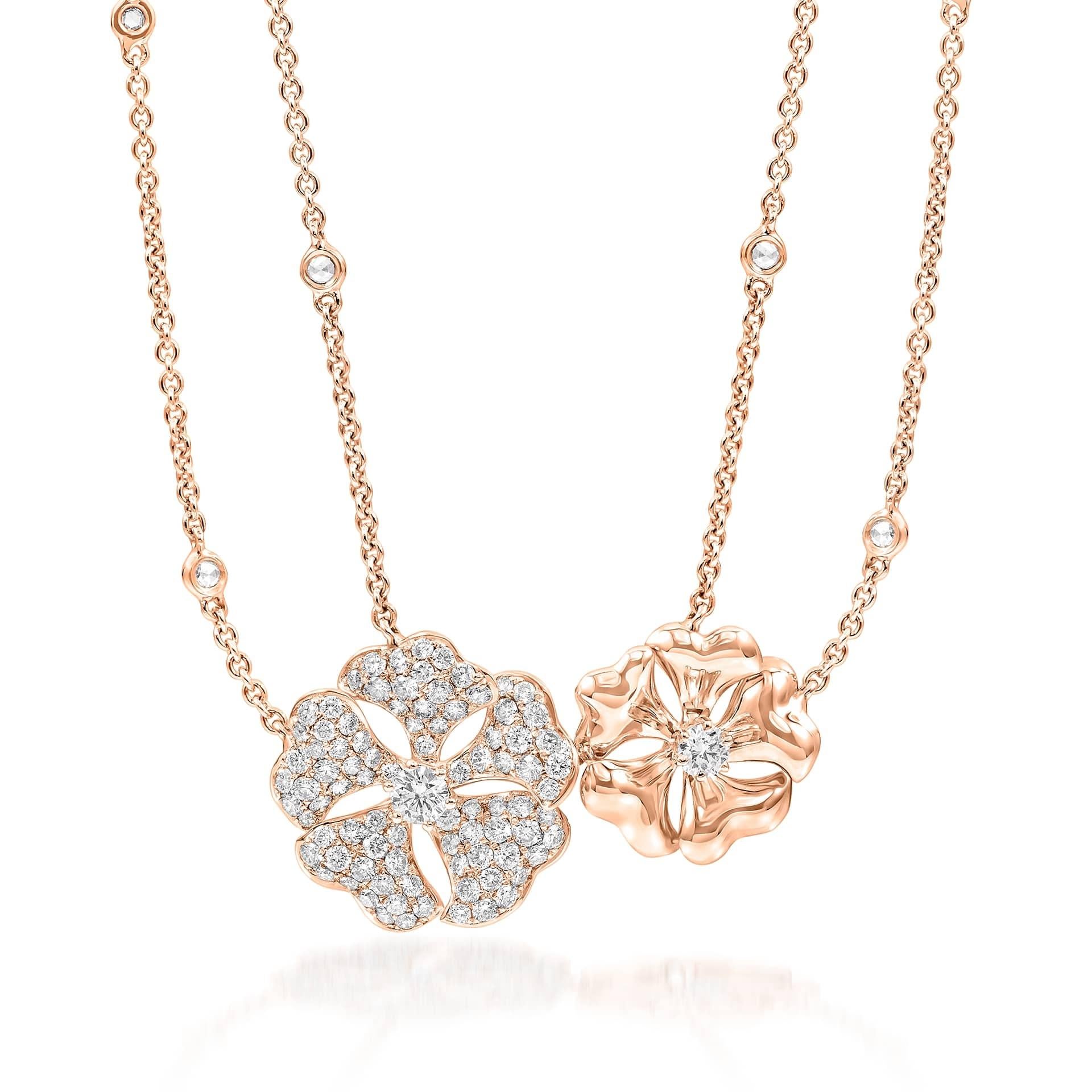 Bloom Diamond Cluster Flower Necklace in 18K Rose Gold

Inspired by the exquisite petals of the alpine cinquefoil flower, the Bloom collection combines the richness of diamonds and precious metals with the light versatility of this delicate,
