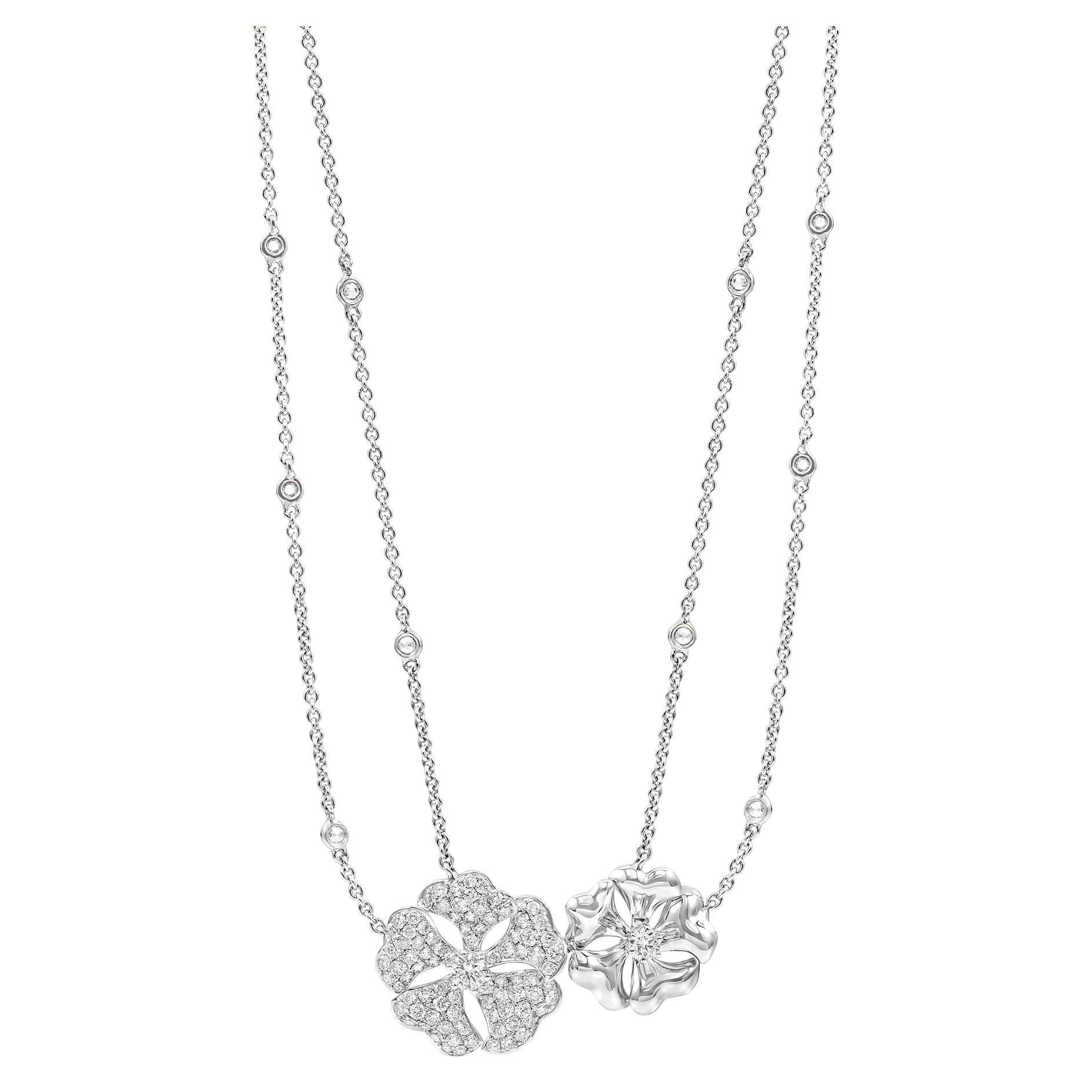 Bloom Diamond Cluster Flower Necklace in 18k White Gold For Sale