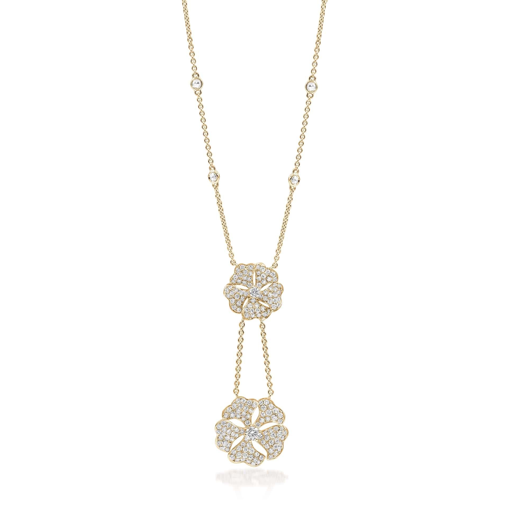Round Cut Bloom Diamond Drop Flower Necklace in 18k Rose Gold For Sale