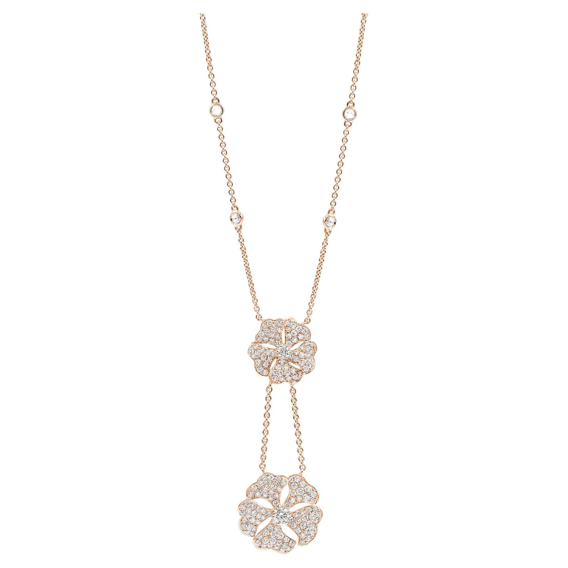 Bloom Diamond Drop Flower Necklace in 18k Rose Gold For Sale