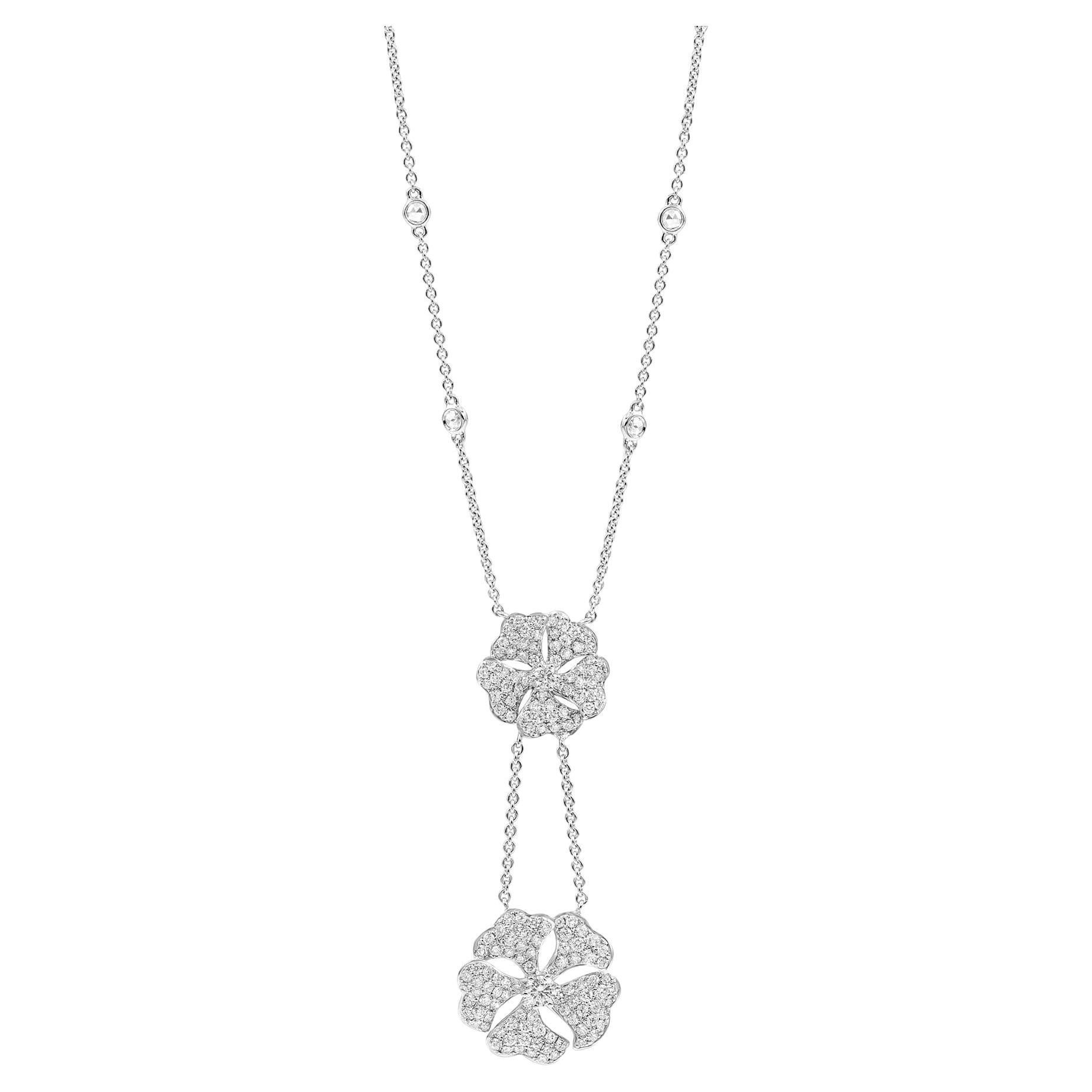 Bloom Diamond Drop Flower Necklace in 18k White Gold For Sale