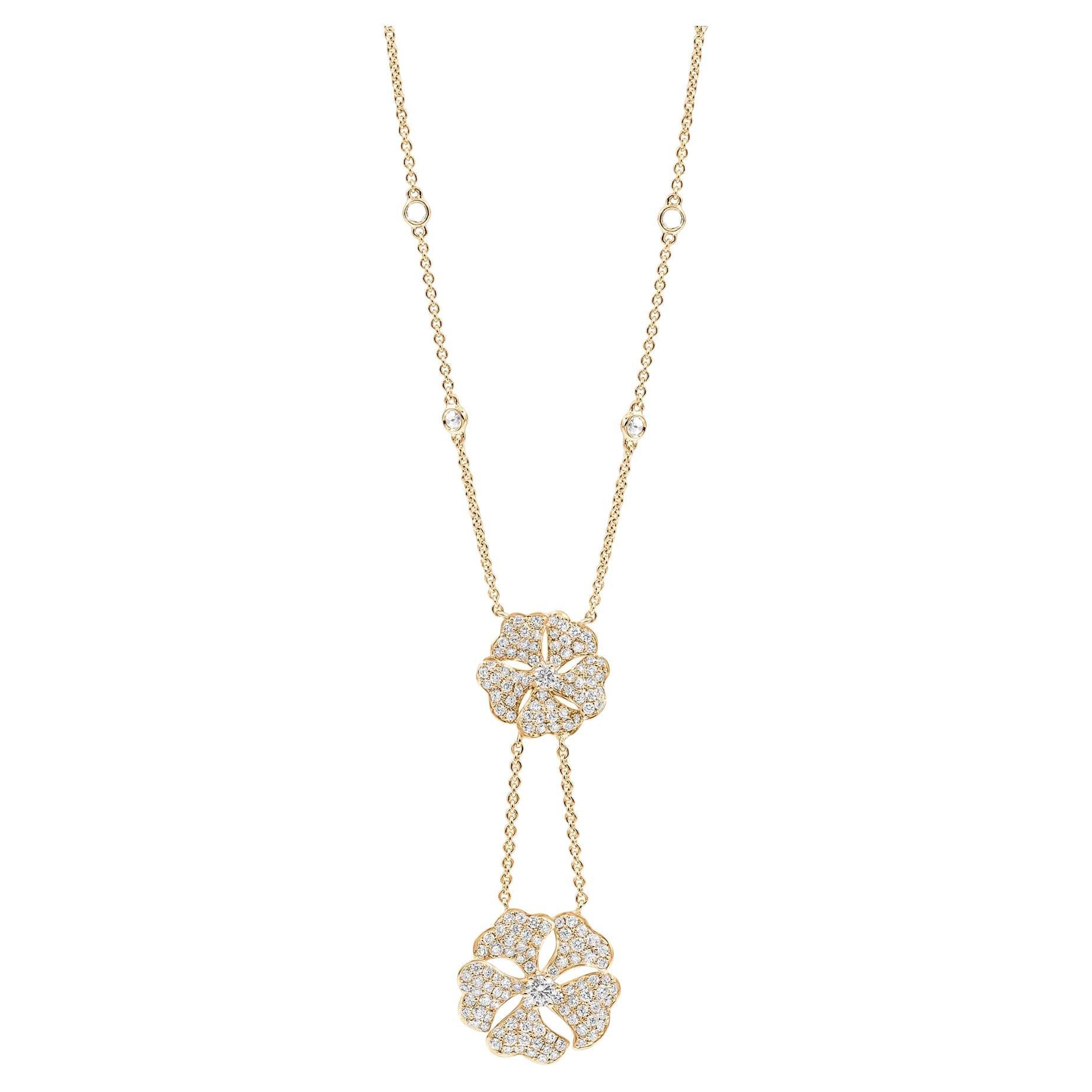 Bloom Diamond Drop Flower Necklace in 18k Yellow Gold For Sale