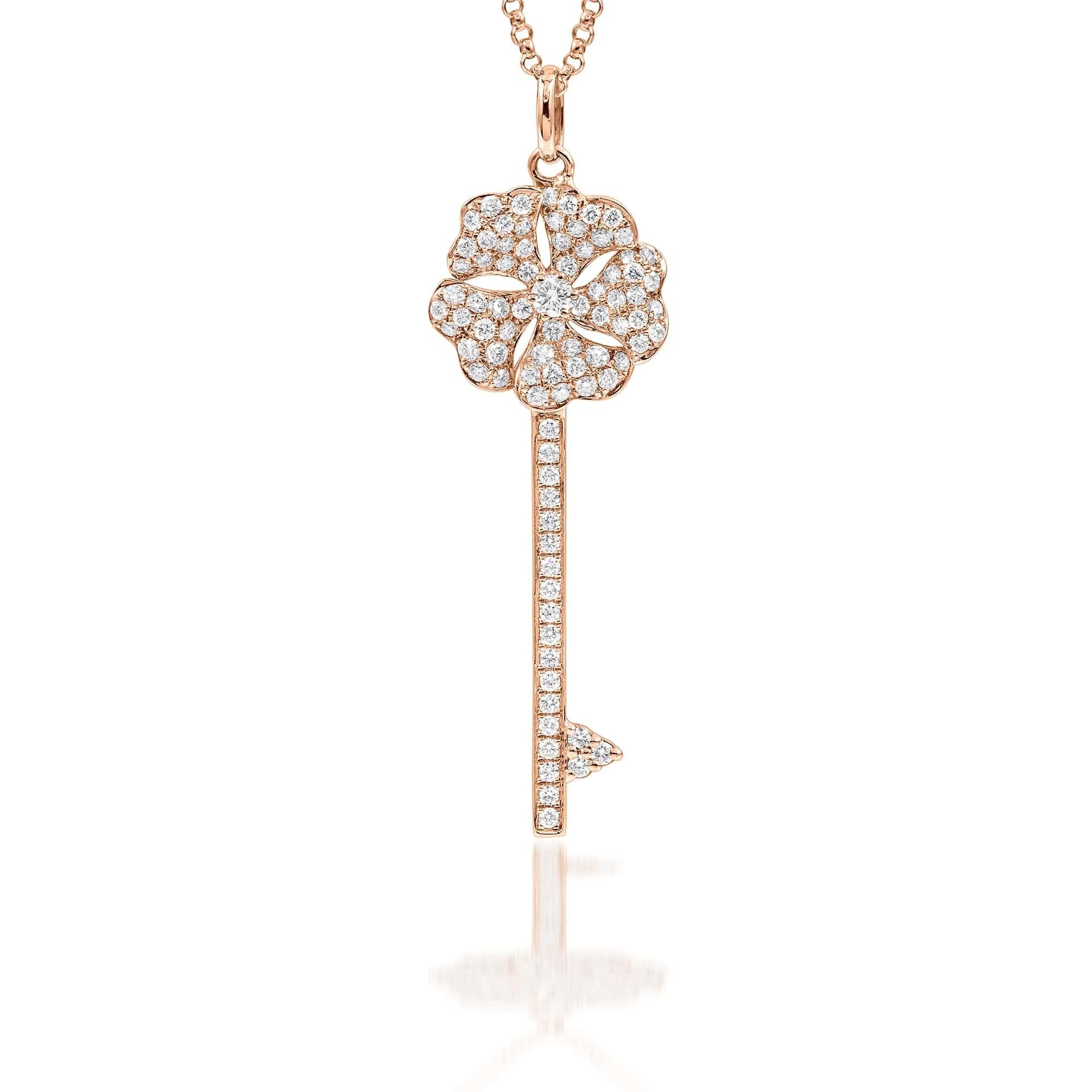 Bloom Diamond Key Necklace in 18K Rose Gold

Inspired by the exquisite petals of the alpine cinquefoil flower, the Bloom collection combines the richness of diamonds and precious metals with the light versatility of this delicate, five-pointed