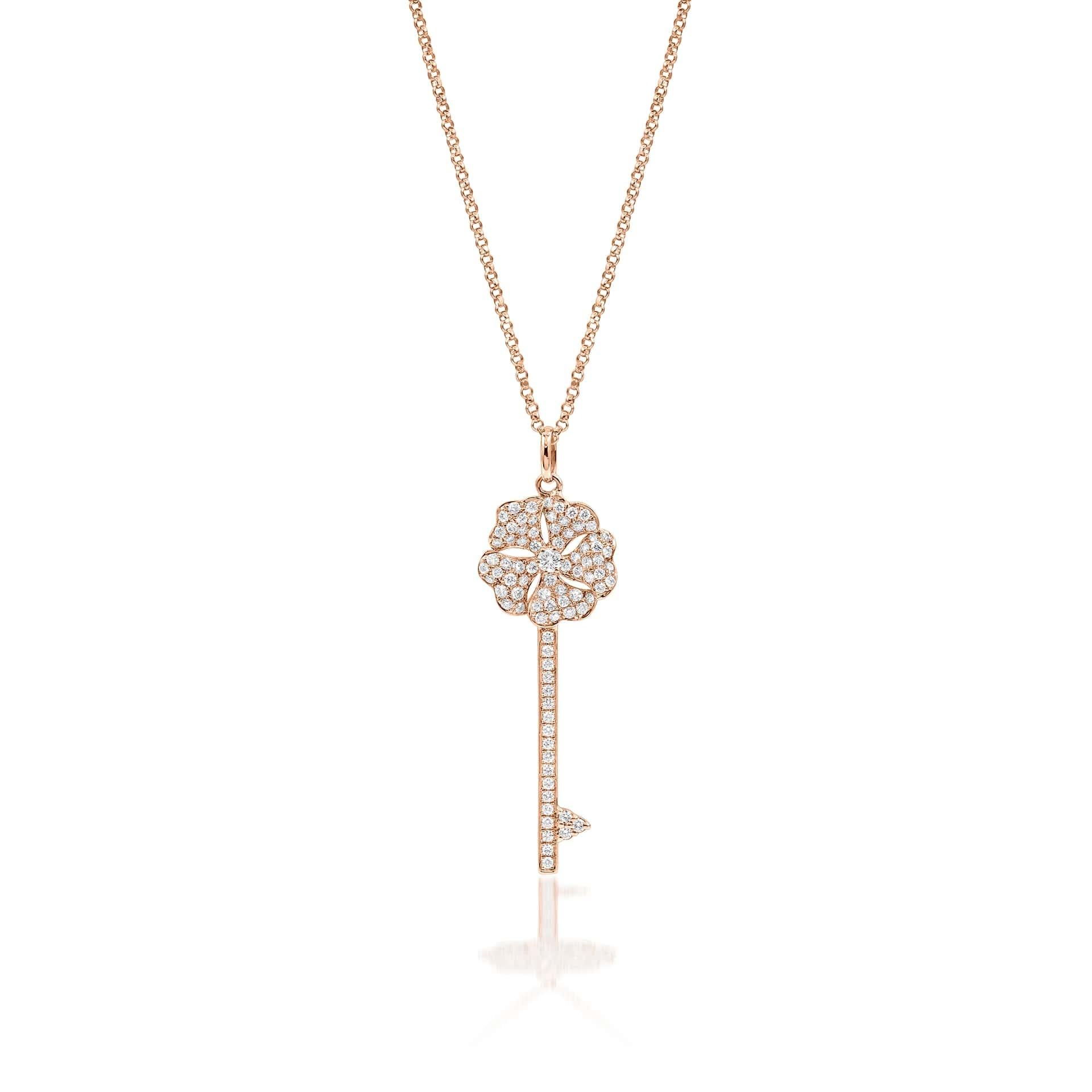 Bloom Diamond Key Necklace in 18k Rose Gold For Sale