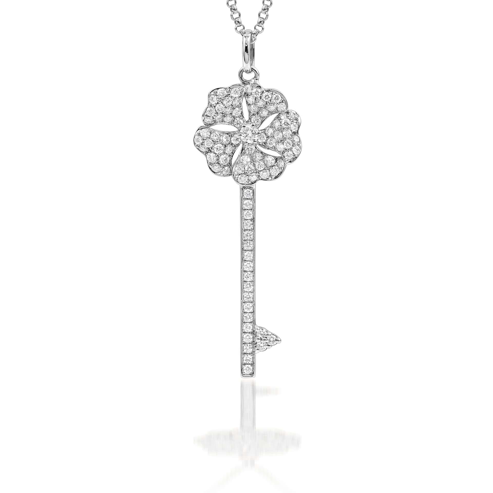 Bloom Diamond Key Necklace in 18K White Gold

Inspired by the exquisite petals of the alpine cinquefoil flower, the Bloom collection combines the richness of diamonds and precious metals with the light versatility of this delicate, five-pointed