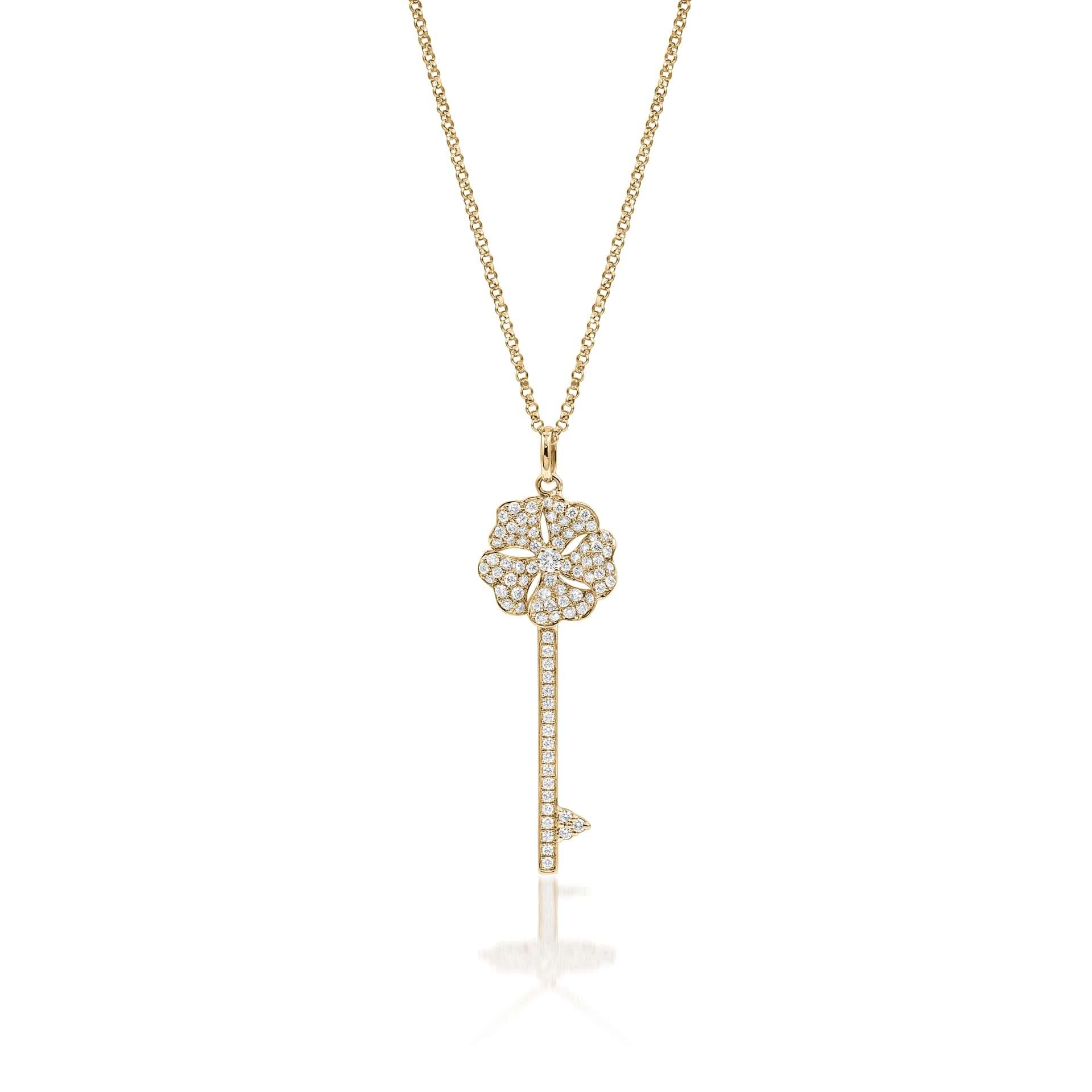 Round Cut Bloom Diamond Key Necklace in 18k White Gold For Sale