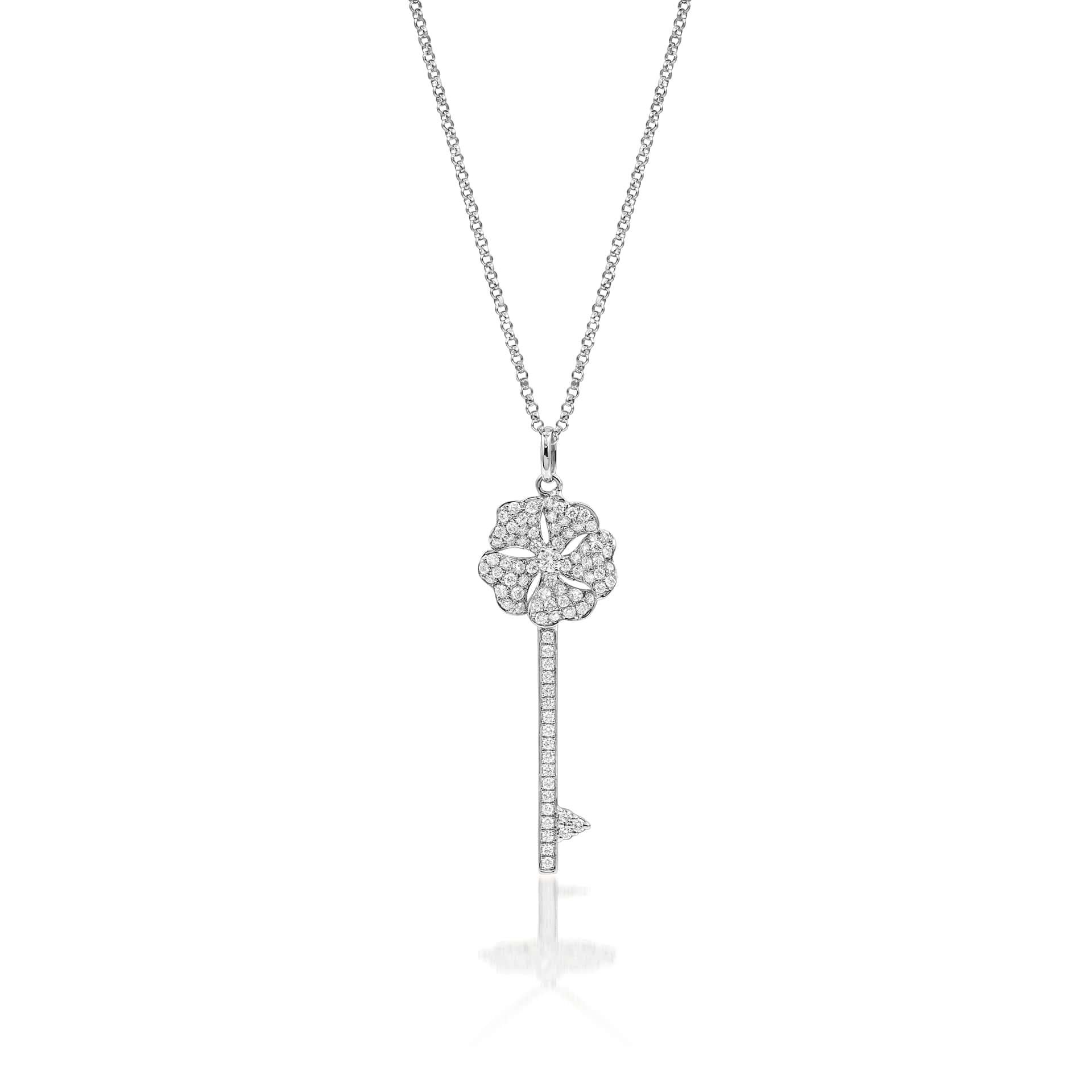 Round Cut Bloom Diamond Key Necklace in 18k Yellow Gold For Sale