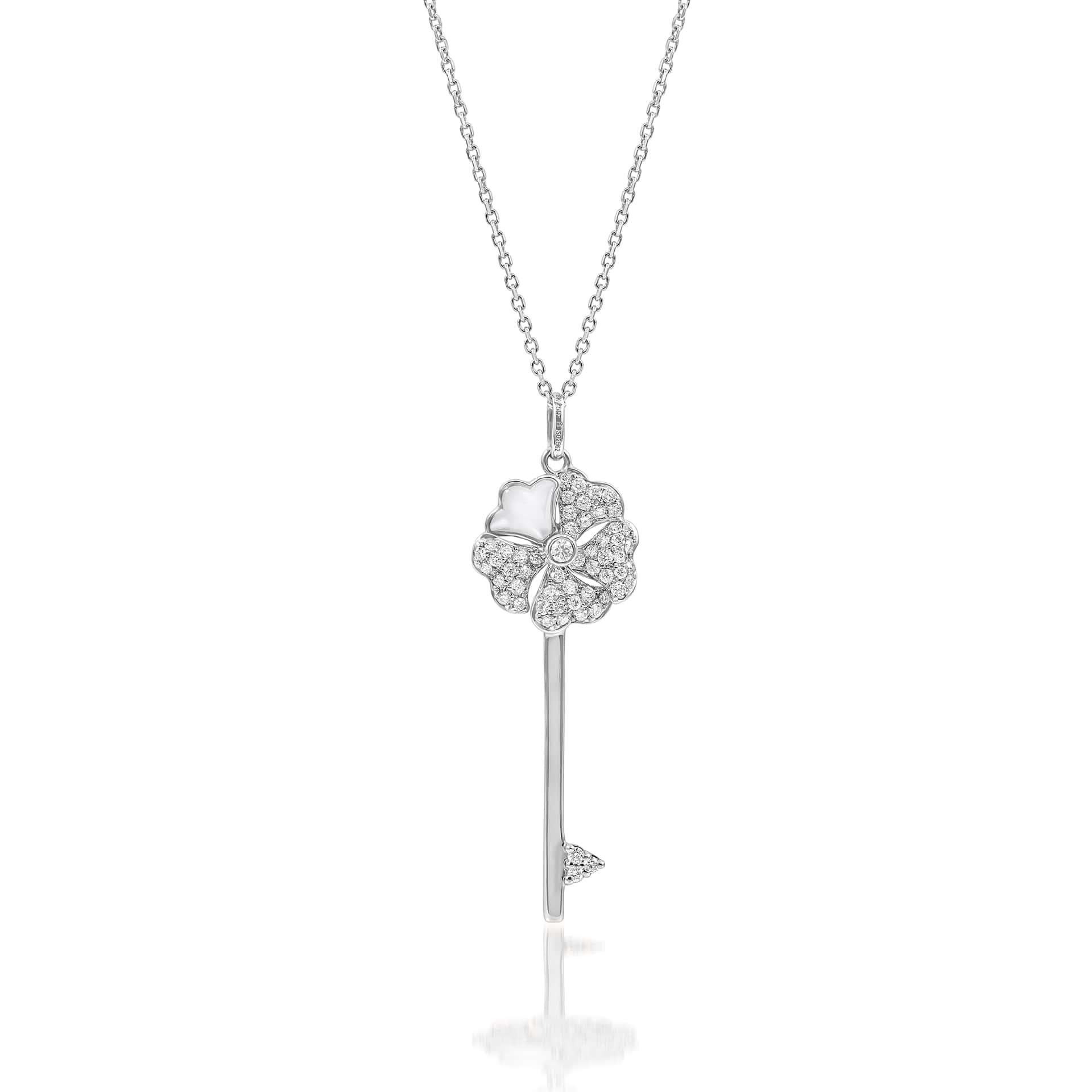 Women's or Men's Bloom Diamond Key Necklace with Mother of Pearl in 18k Rose Gold For Sale