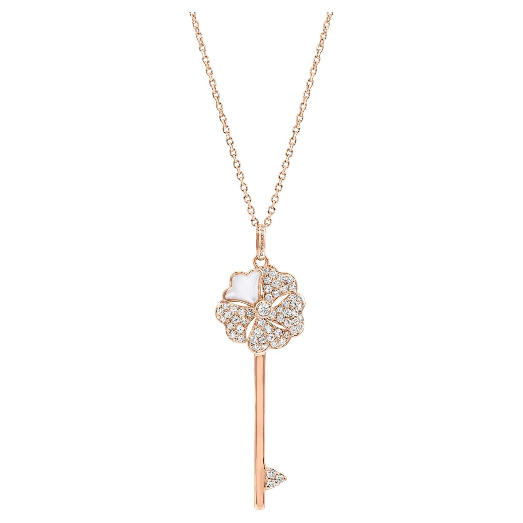 Bloom Diamond Key Necklace with Mother of Pearl in 18k Rose Gold For Sale