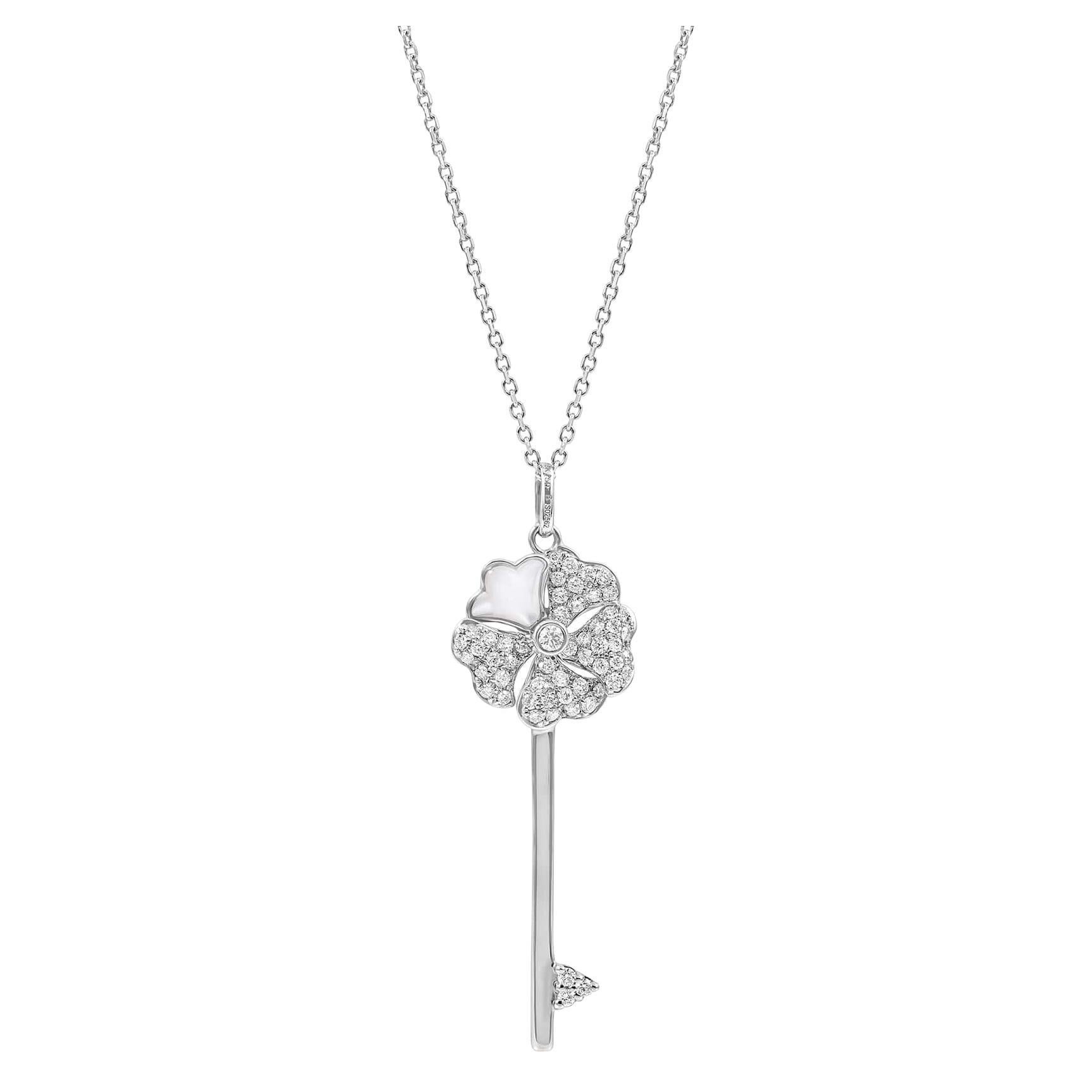 Bloom Diamond Key Necklace with Mother of Pearl in 18k White Gold For Sale