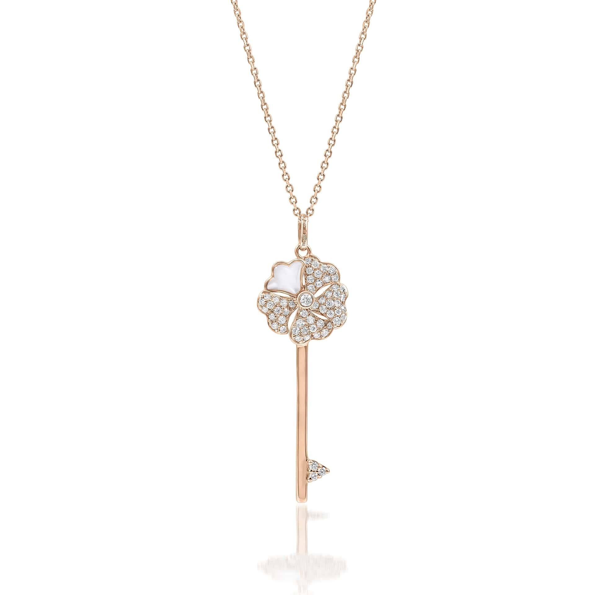 Round Cut Bloom Diamond Key Necklace with Mother of Pearl in 18k Yellow Gold For Sale