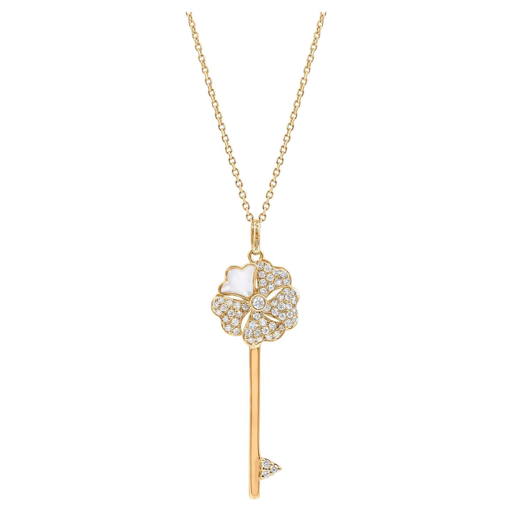 Bloom Diamond Key Necklace with Mother of Pearl in 18k Yellow Gold For Sale