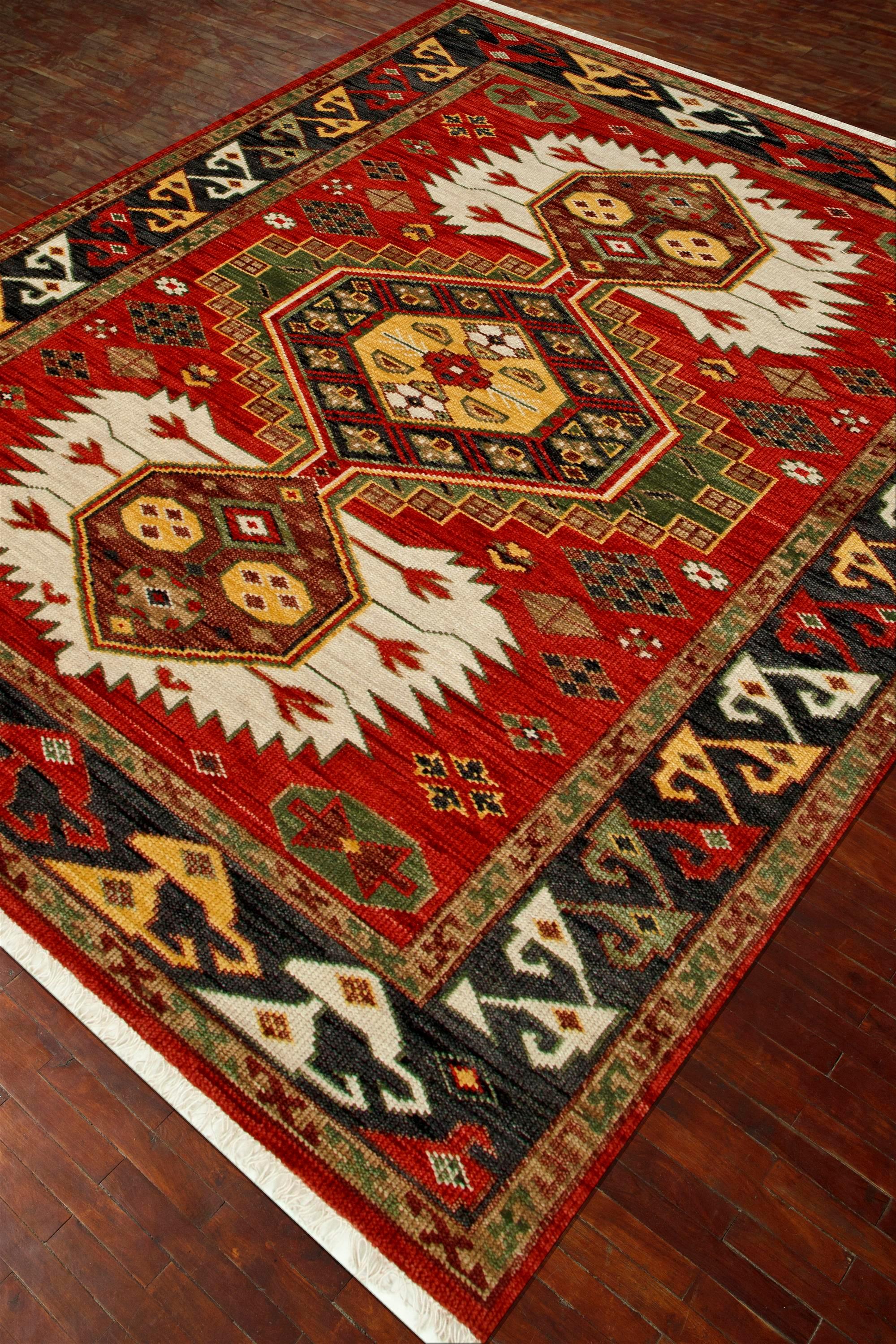 Indian Bloom Dream Velvet Red & Black Olive 270x360 cm Hand Knotted Rug For Sale