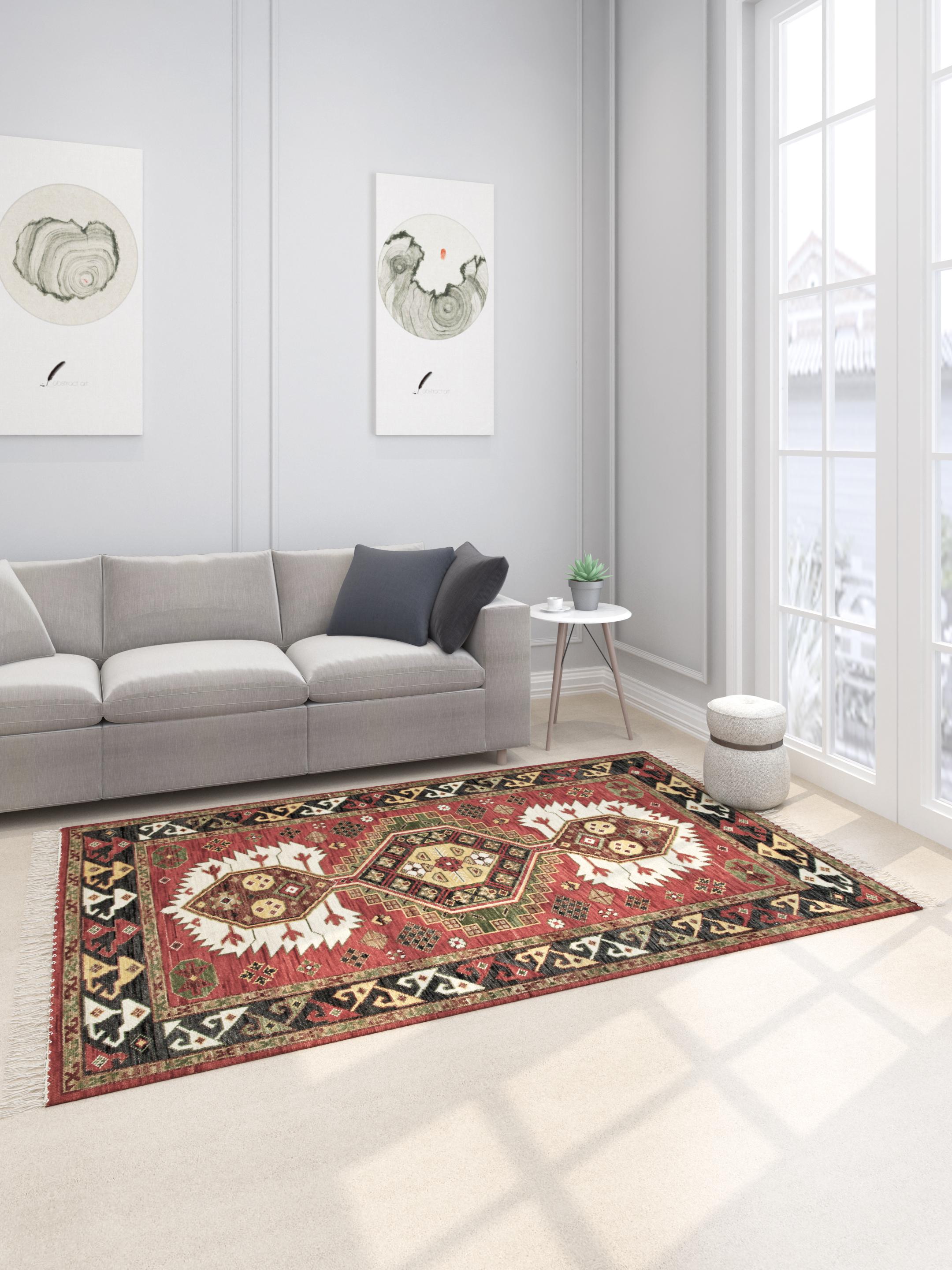 Hand-Knotted Bloom Dream Velvet Red & Black Olive 270x360 cm Hand Knotted Rug For Sale