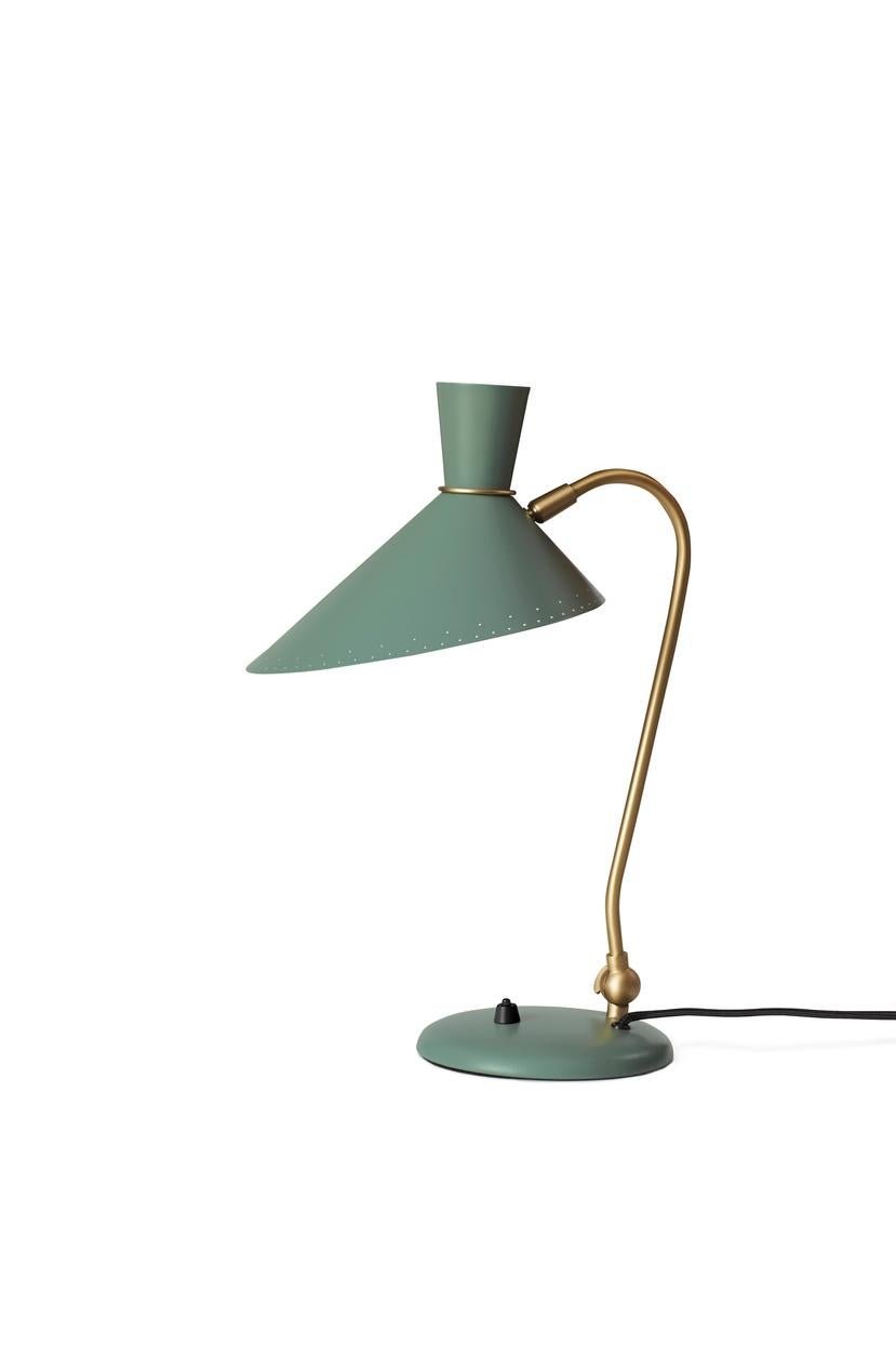 Bloom Dusty green table lamp by Warm Nordic
Dimensions: D 20 x W 29 x H 42 cm
Material: Lacquered steel, brass
Weight: 2 kg
Also available in different colours.

A little table lamp with great personality, designed in the 1950s by the grand master