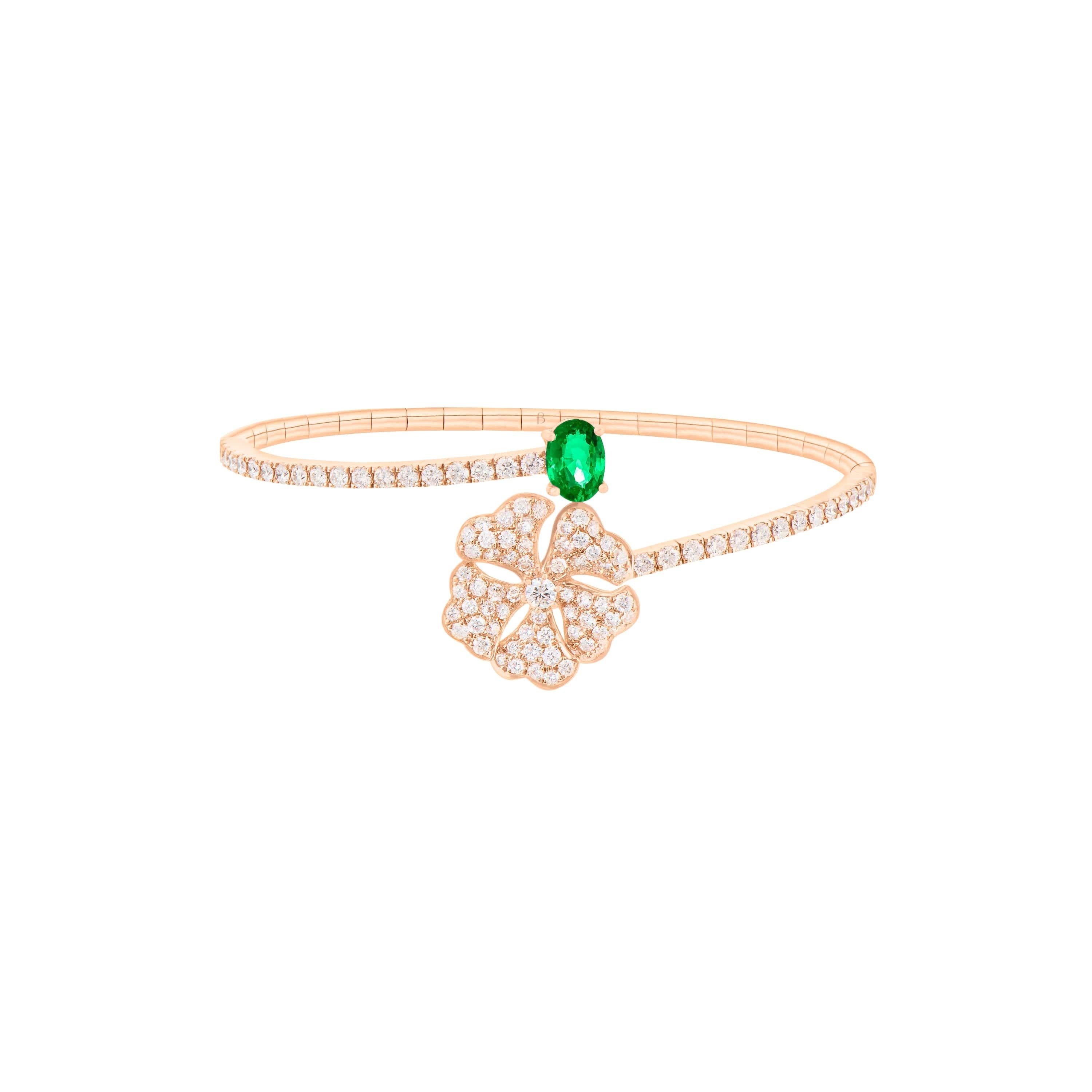 Bloom Emerald and Diamond Open Spiral Bangle in 18K Rose Gold

Inspired by the exquisite petals of the alpine cinquefoil flower, the Bloom collection combines the richness of diamonds and precious metals with the light versatility of this delicate,