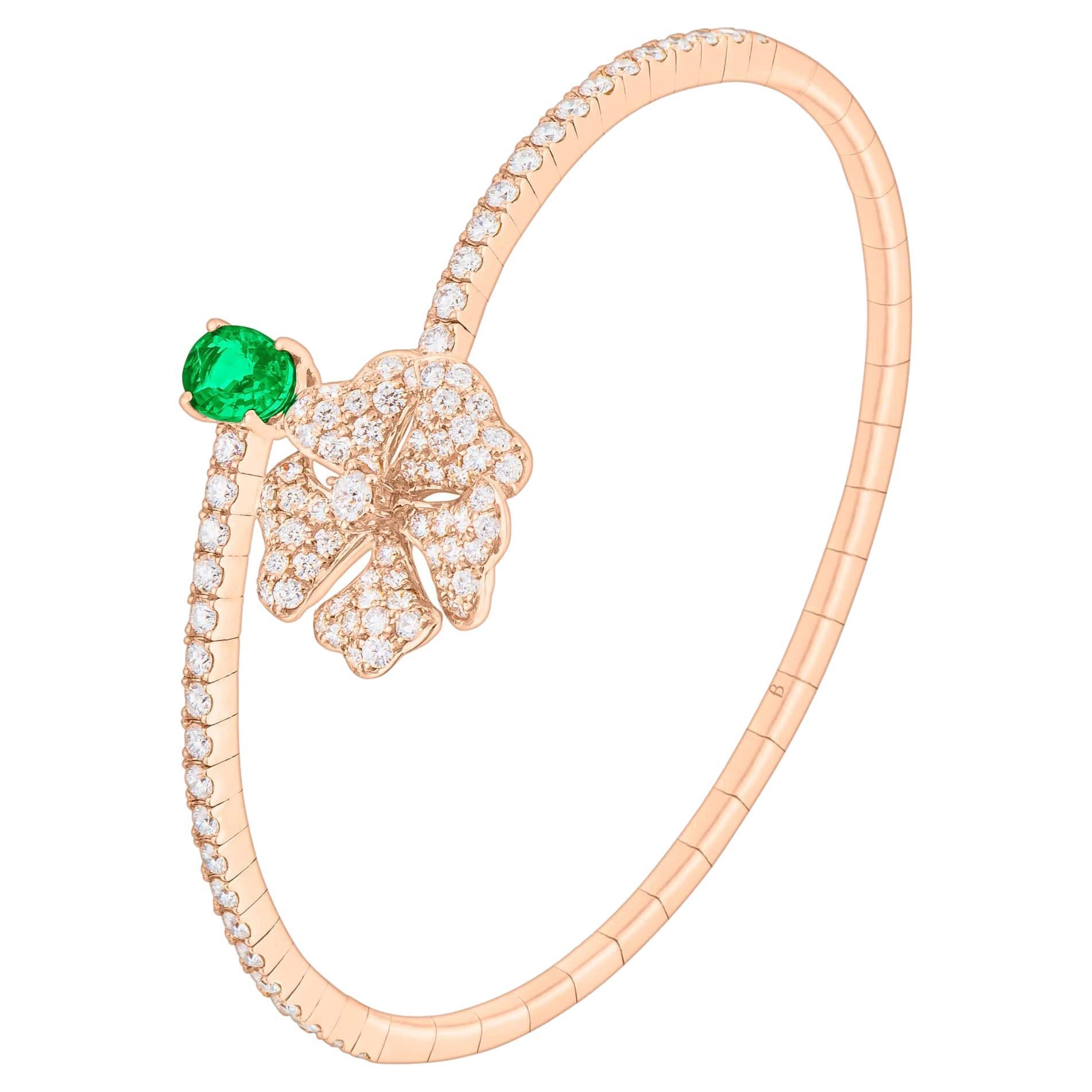 Bloom Emerald and Diamond Open Spiral Bangle in 18k Rose Gold For Sale