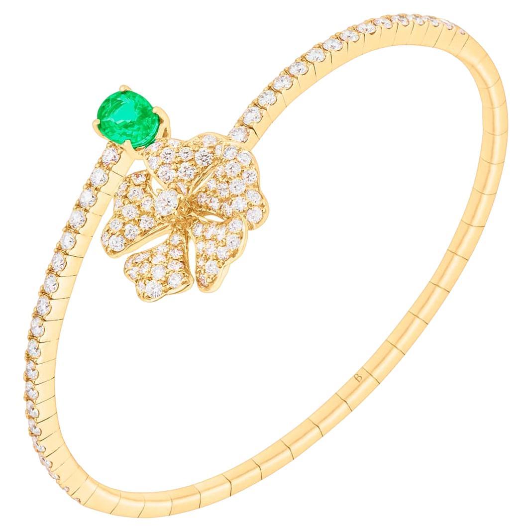 Bloom Emerald and Diamond Open Spiral Bangle in 18k Yellow Gold For Sale