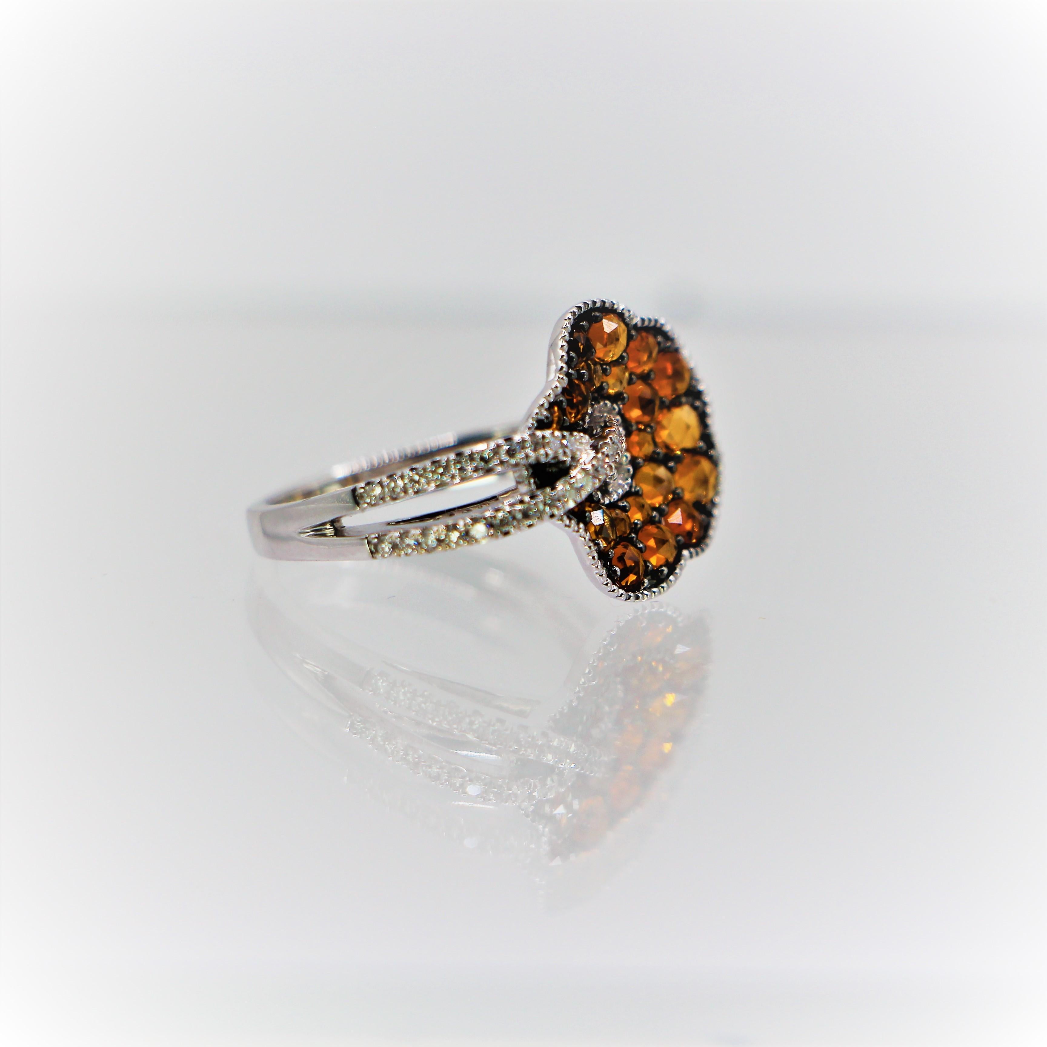 Modern Bloom Flower Ring in 18Kt White Gold Double Pave Shank Brown and White Diamonds  For Sale