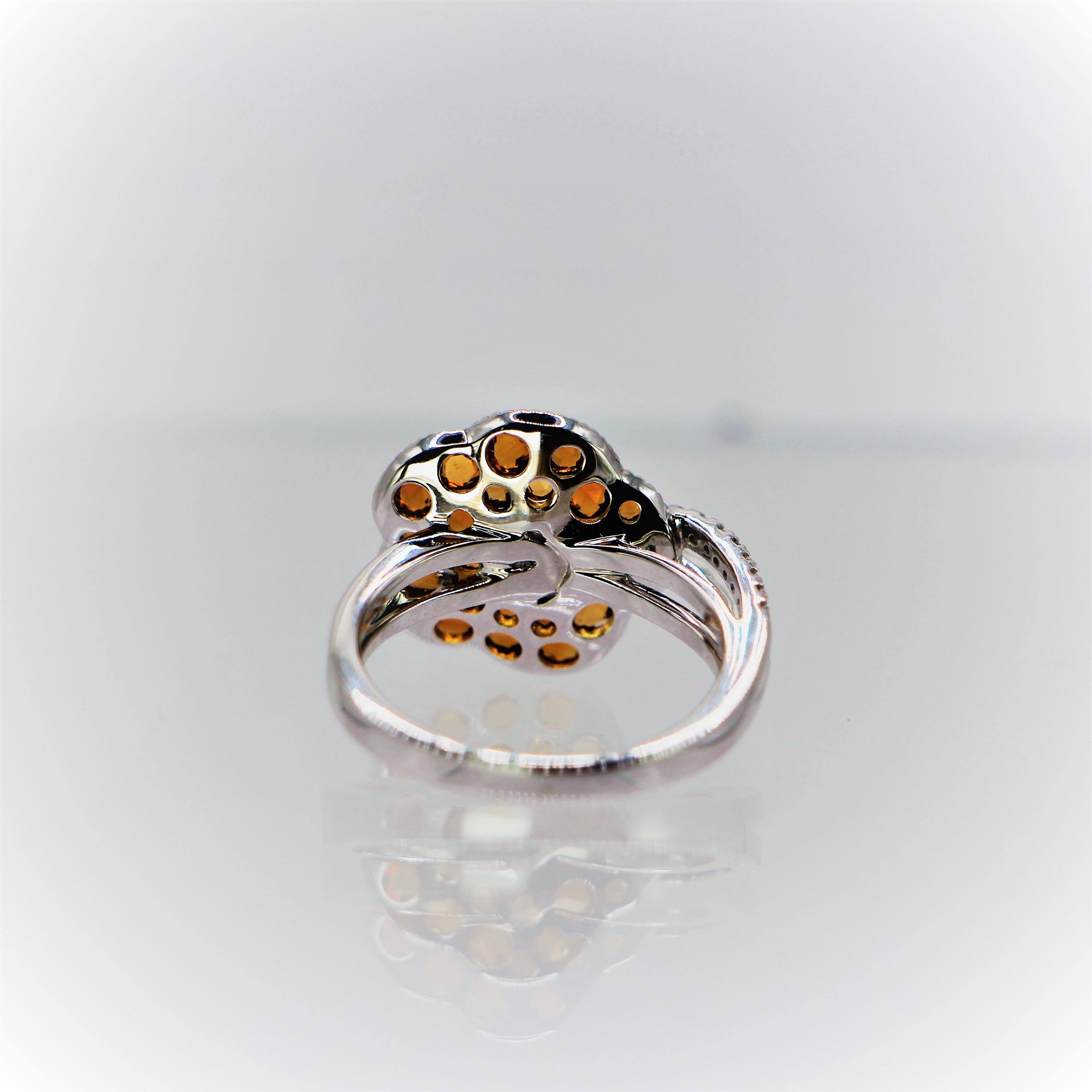 Rose Cut Bloom Flower Ring in 18Kt White Gold Double Pave Shank Brown and White Diamonds For Sale