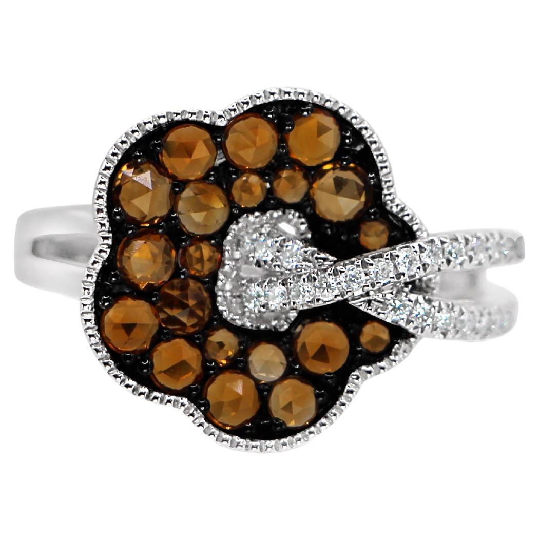 Bloom Flower Ring in 18Kt White Gold Double Pave Shank Brown and White Diamonds  For Sale