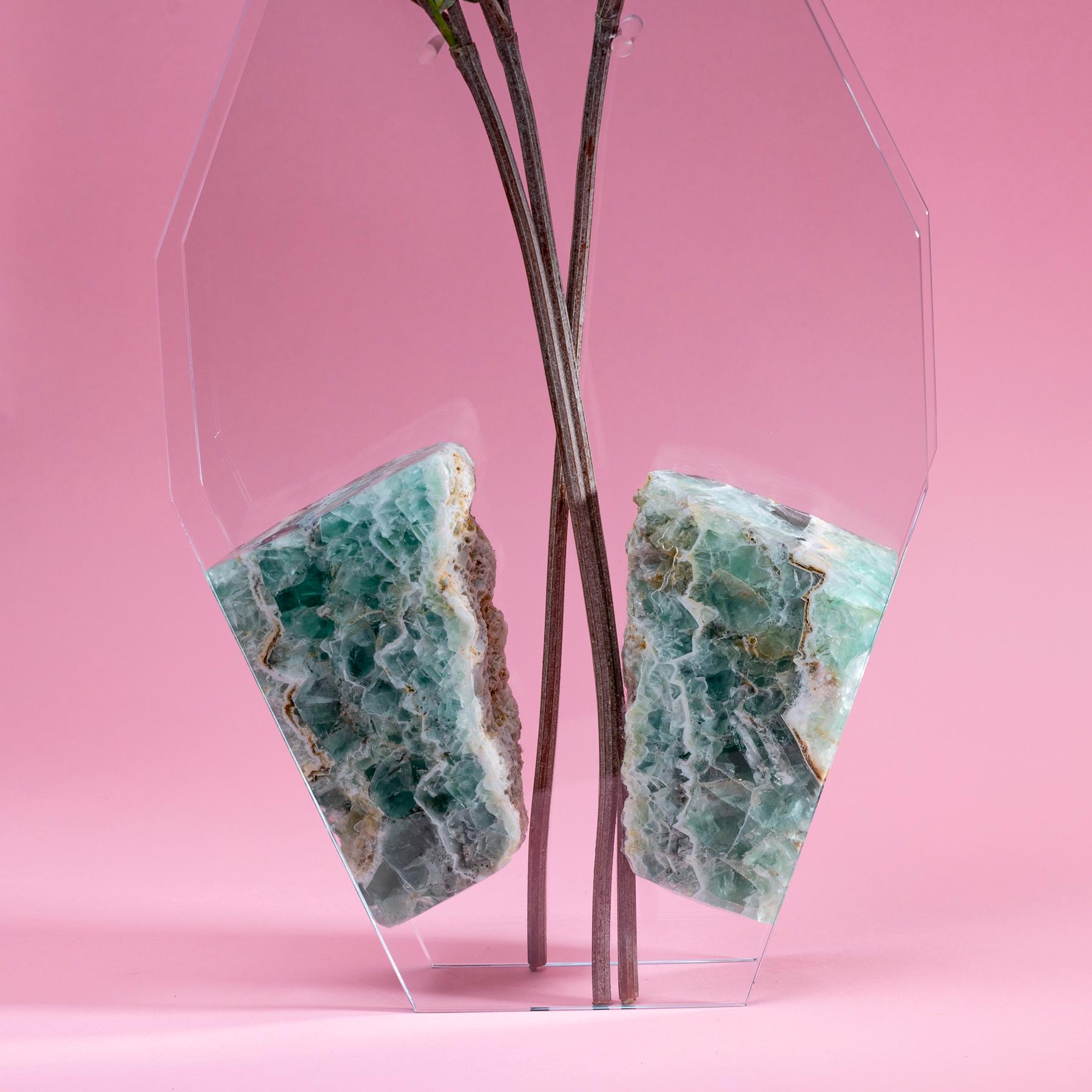 Organic Modern Bloom, Flower Vase with Fluorite in Hand Cut and Polished Ultra Clear Glass For Sale