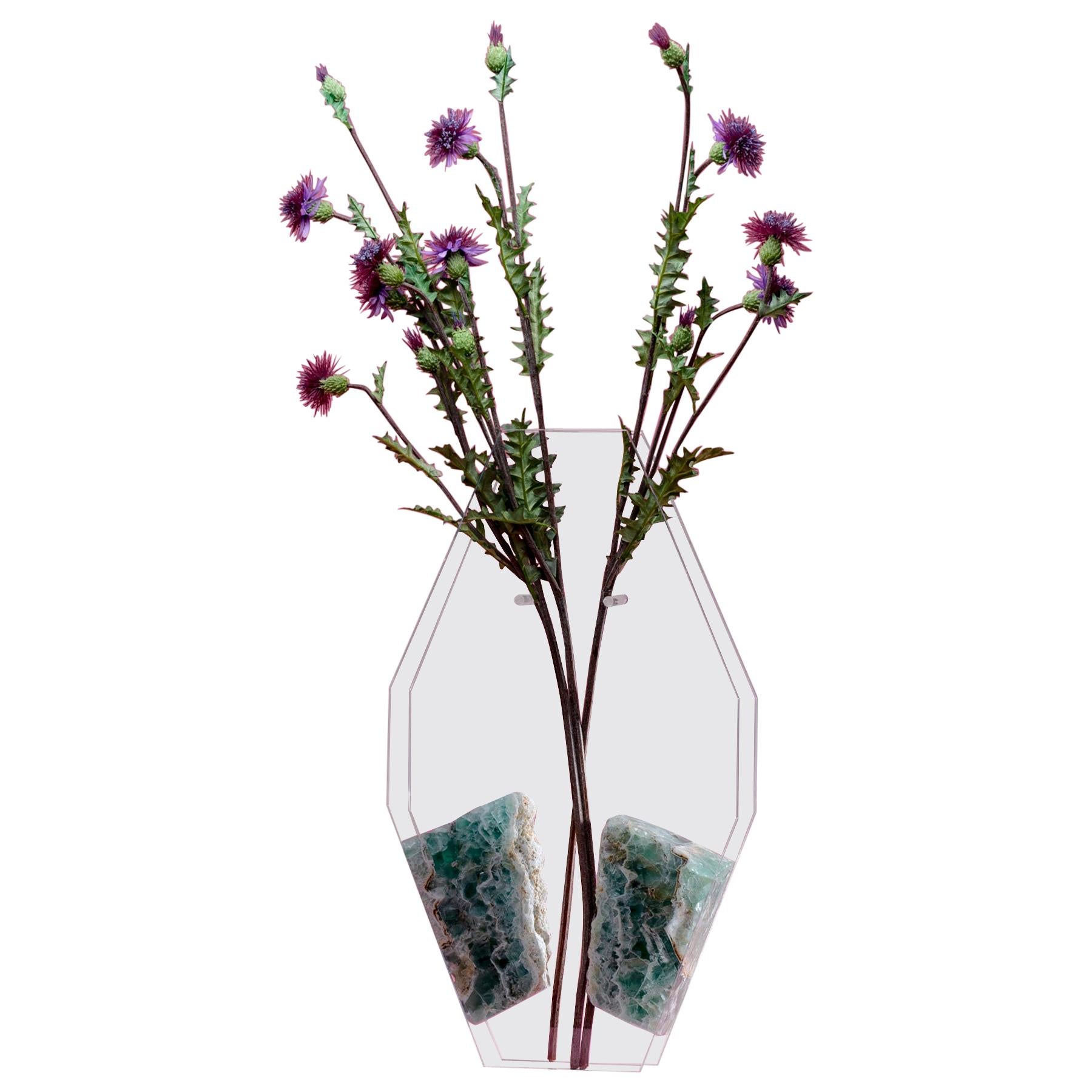 Bloom, Flower Vase with Fluorite in Hand Cut and Polished Ultra Clear Glass For Sale
