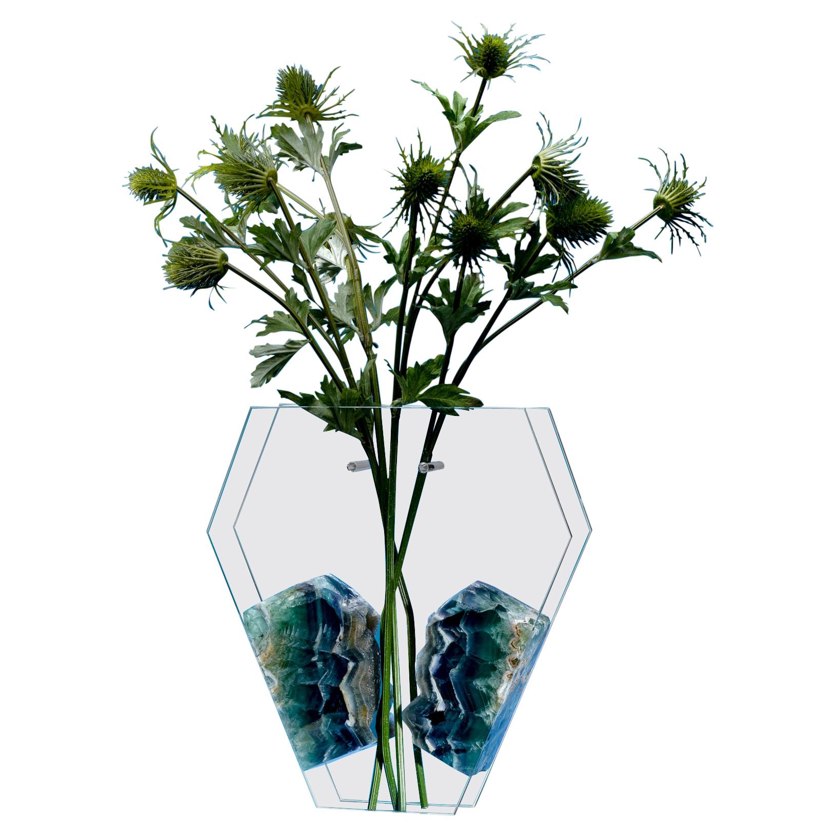 Bloom, Flower Vase with Fluorite in Hand Cut and Polished Ultra Clear Glass For Sale